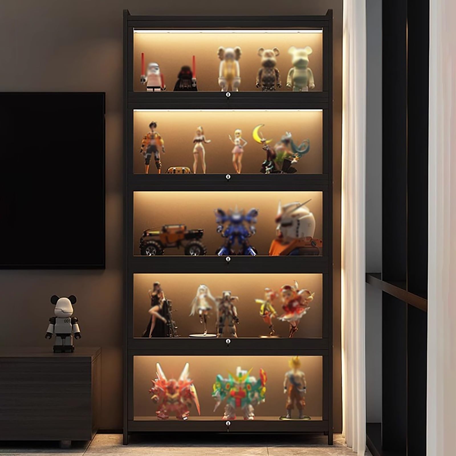 Acryl-Vitrine für Sammlerstücke mit LED-Licht, klare Vitrine, natürliches Bambusmaterial, einfach zu montieren, perfekt für Figuren und Erinnerungsstücke