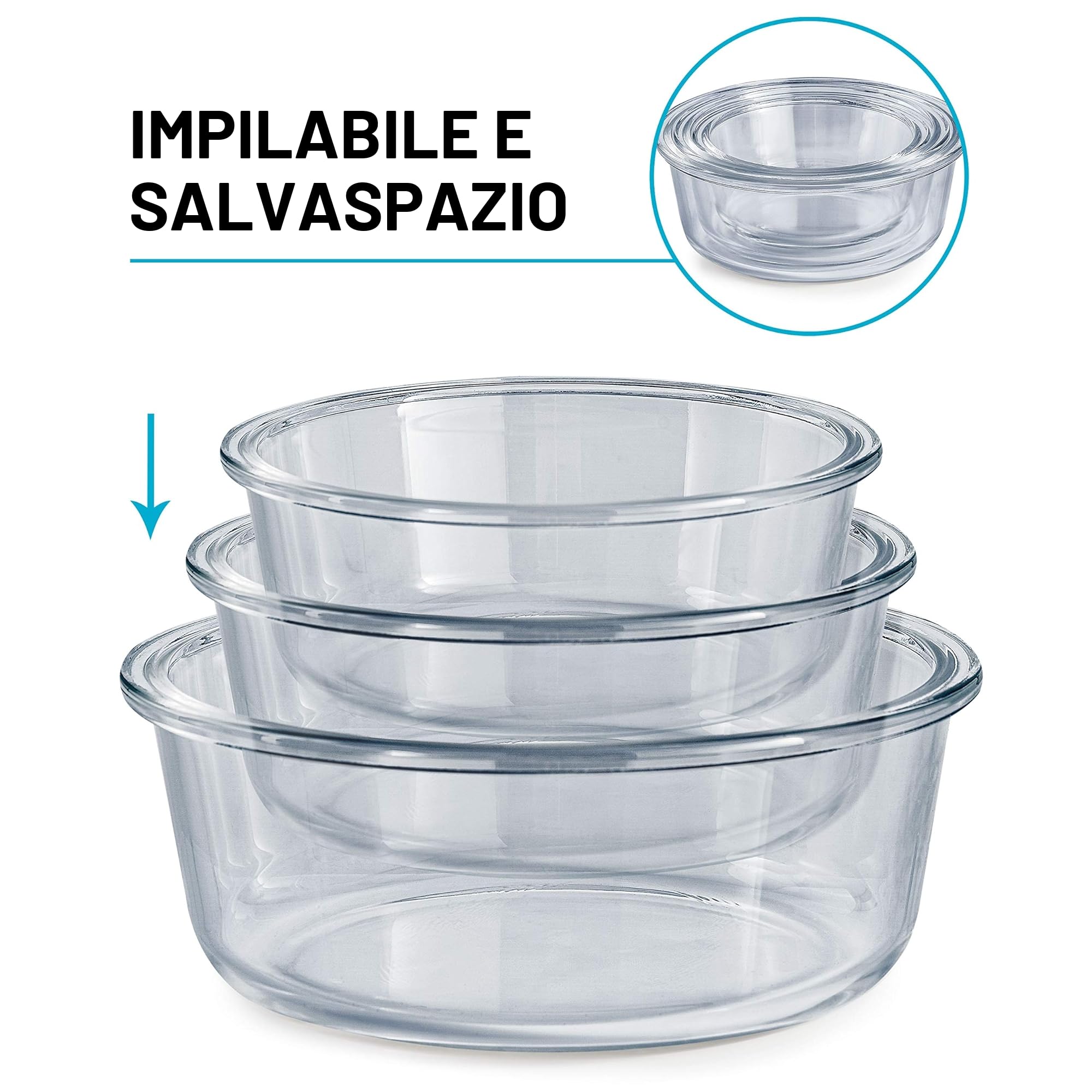 Igluu Meal Prep Contenitori Ermetici per Alimenti in Vetro Tondi con Coperchi (Set da 3) – Senza BPA – Forno, Microonde, Freezer e Lavastoviglie – 400 ml, 650 ml, 950 ml – Vetro Borosilicato