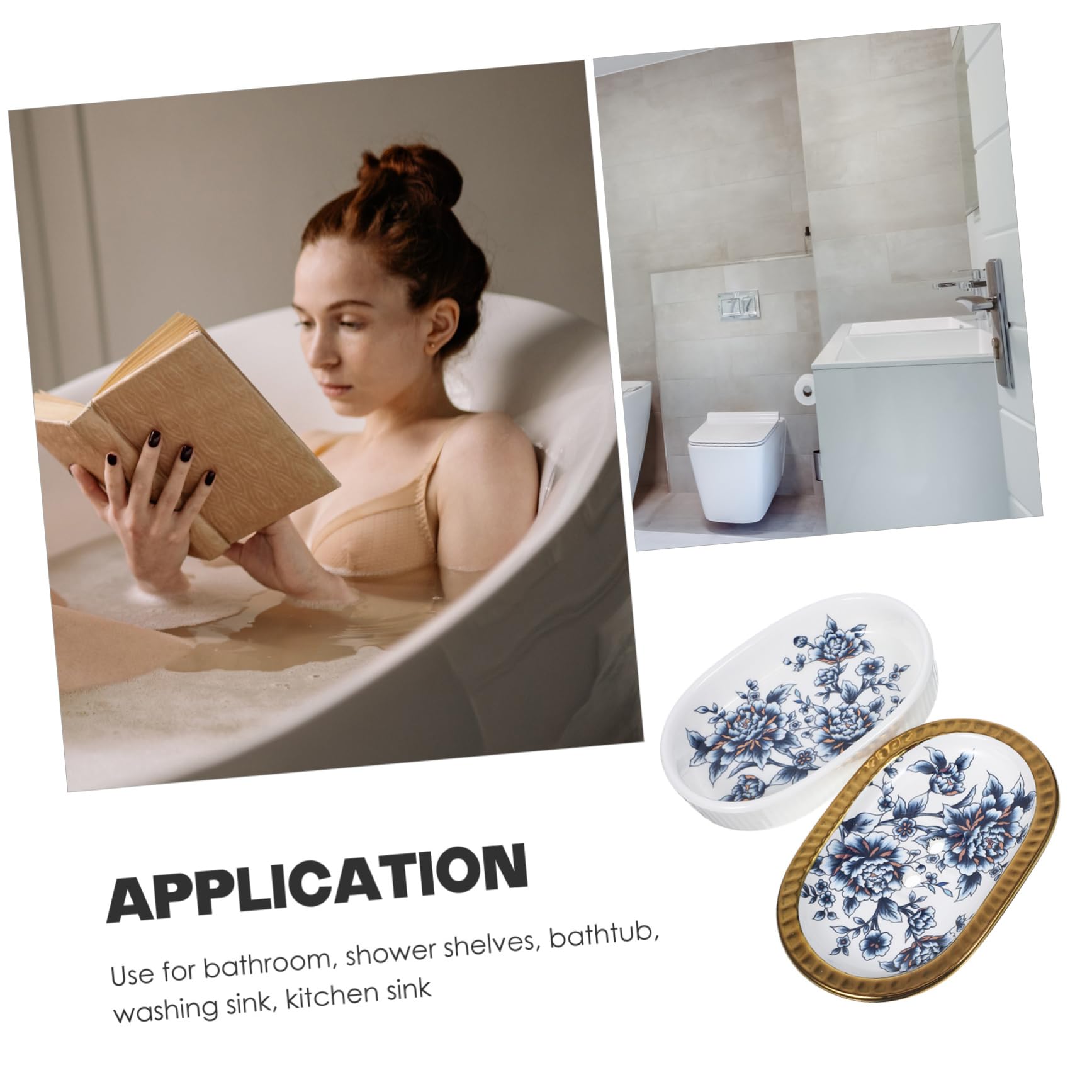WOONEKY Jabonera de Cerámica Borde Dorado Diseño Simple y Elegante Doble Capa y Drenaje Rápido, Adecuado para Baño y Ducha