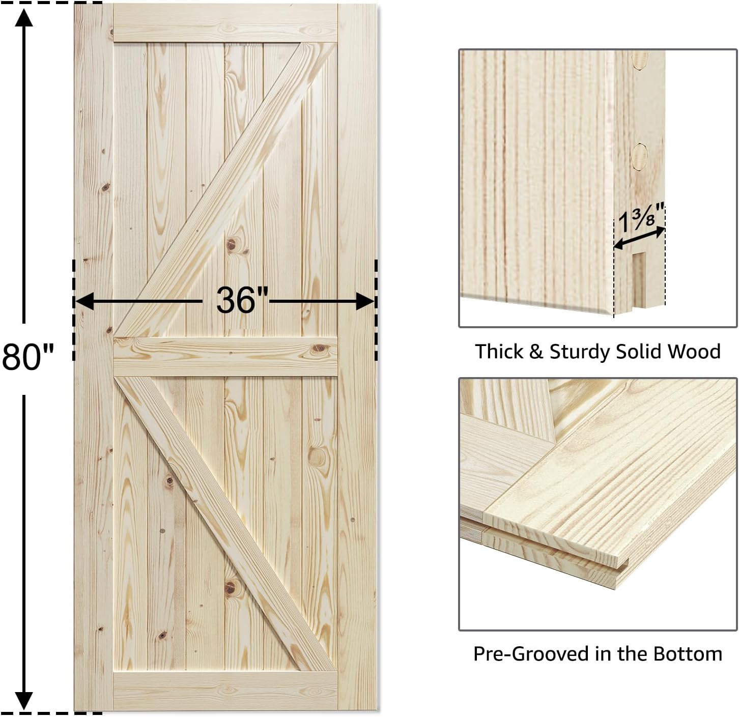SmartStandard 36in x 80in Sliding Barn Wood Door Pre-Drilled Ready to Assemble, DIY Unfinished Solid Spruce Wood Panelled Slab, Interior Single Door Only, Natural, K-Frame (Fit 6FT-6.6FT Rail)