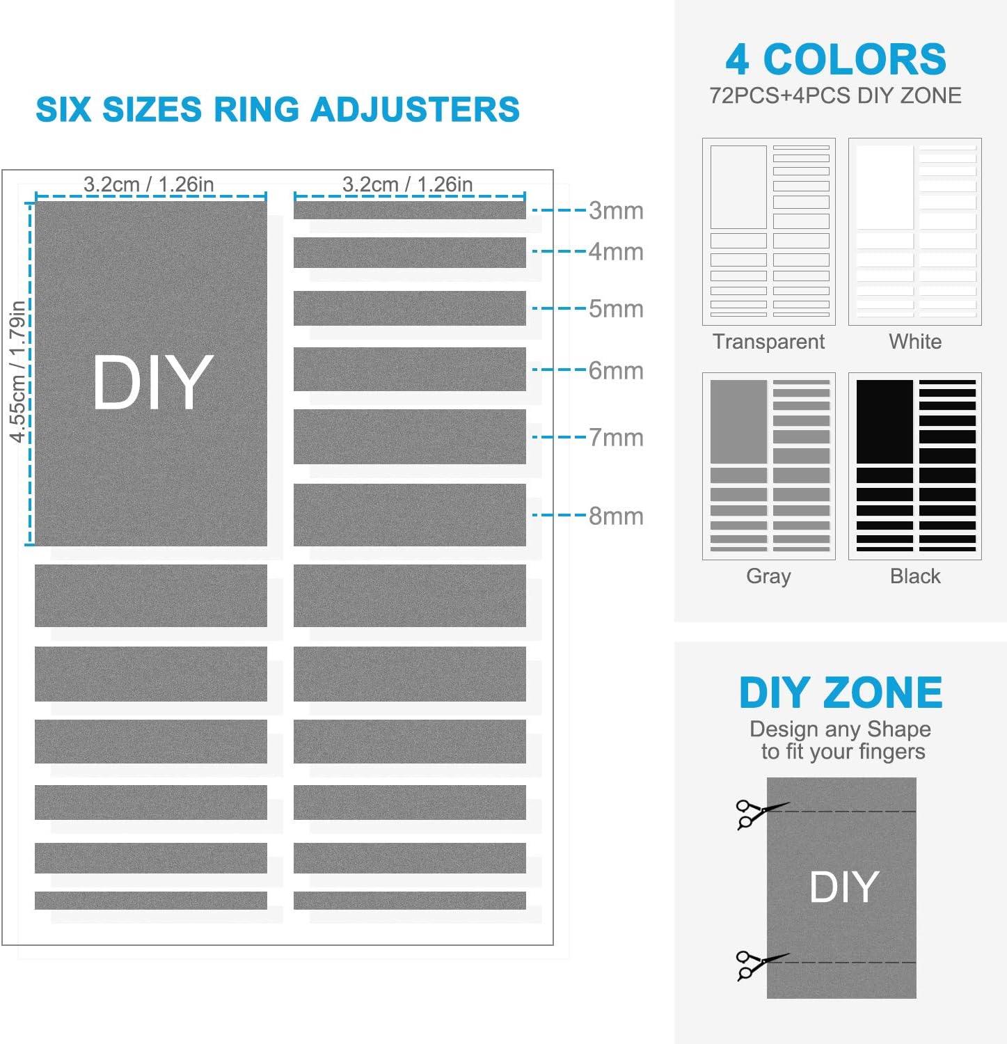 Ring Size Adjuster, Keten Invisible Ring Guards for Loose Rings with Silver Polishing Cloth, 72 Pcs in 6 Sizes and 4 Colors Fit for Any Rings for Men Women Big Knuckles