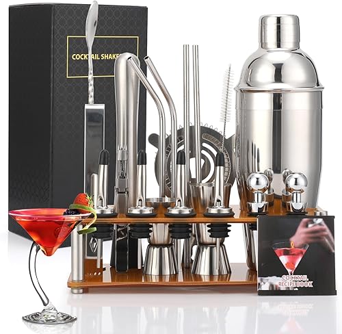 Juego de coctelera, kit de camarero de 21 piezas Boston Shaker Set con elegante soporte acrílico similar al bambú, juego de bar profesional de acero disponible en Yaxa Venezuela
