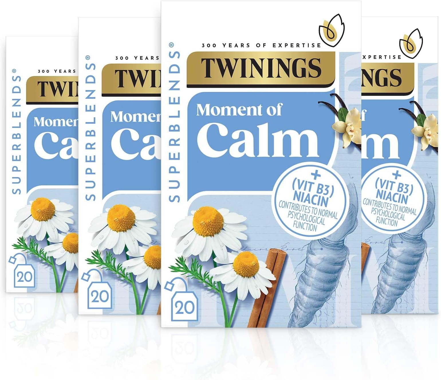 Superblends Calm Tea - Spiced Camomile, Vanilla & Roasted Chicory Root Herbal Tea Infusion with Vitamin B3 (Niacin), 80 Biodegradable Tea Bags