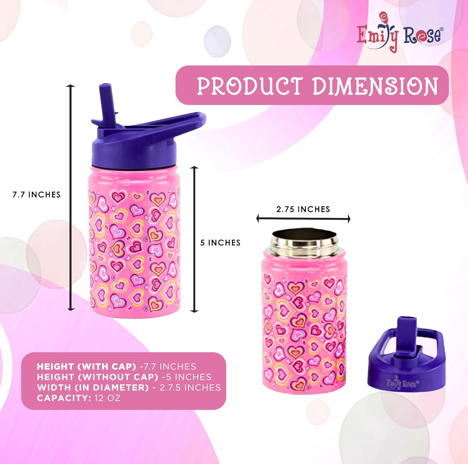 Emily Rose Kids Insulated 12 Oz Stainless Steel Bottle for Travel and School - for Girls Kids - Leak Proof with 2 Straws (Playful Hearts Design) | USA Business - Image 2