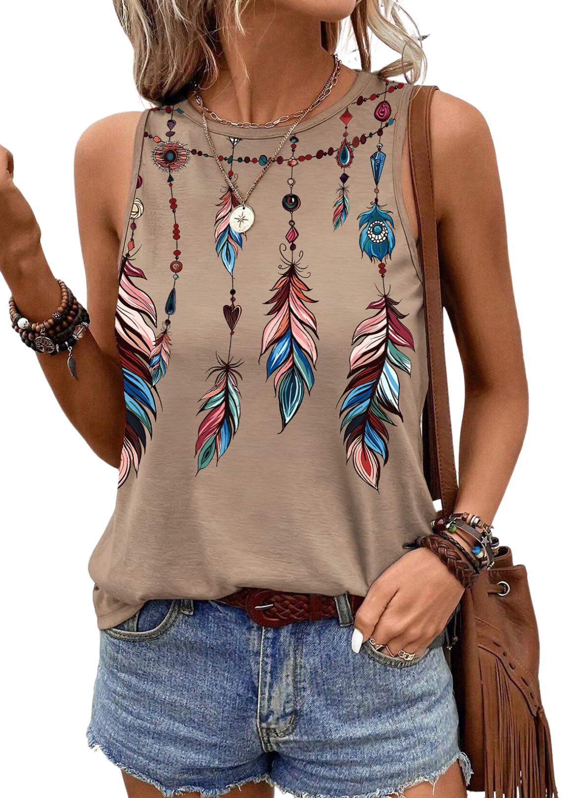 SHEWIN Womens Feather Print Graphic Tank Tops Crewneck Sleeveless Loose Fit Summer Tops