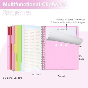EYROZILL Clipboard Folio with Storage Pocket Organizer Folder Refillable Lined Notepad Spiral Clipboards, Peach Pink