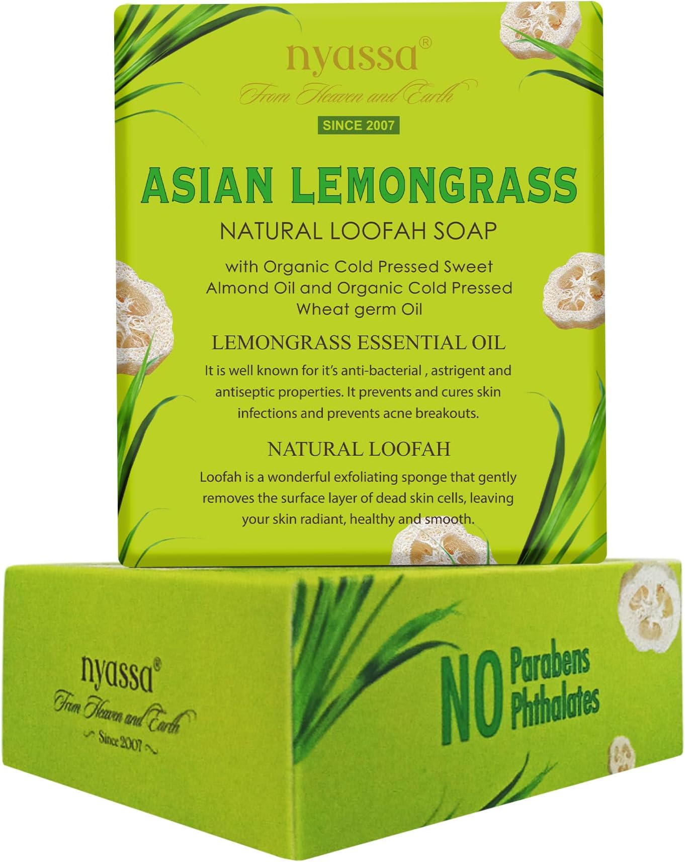 Nyassa Asian Lemongrass Handmade Loofah Soap 150 gm with Fresh Zesty fragrance. Contains natural loofah for exfoliation. No Paraben, Cruelty Free