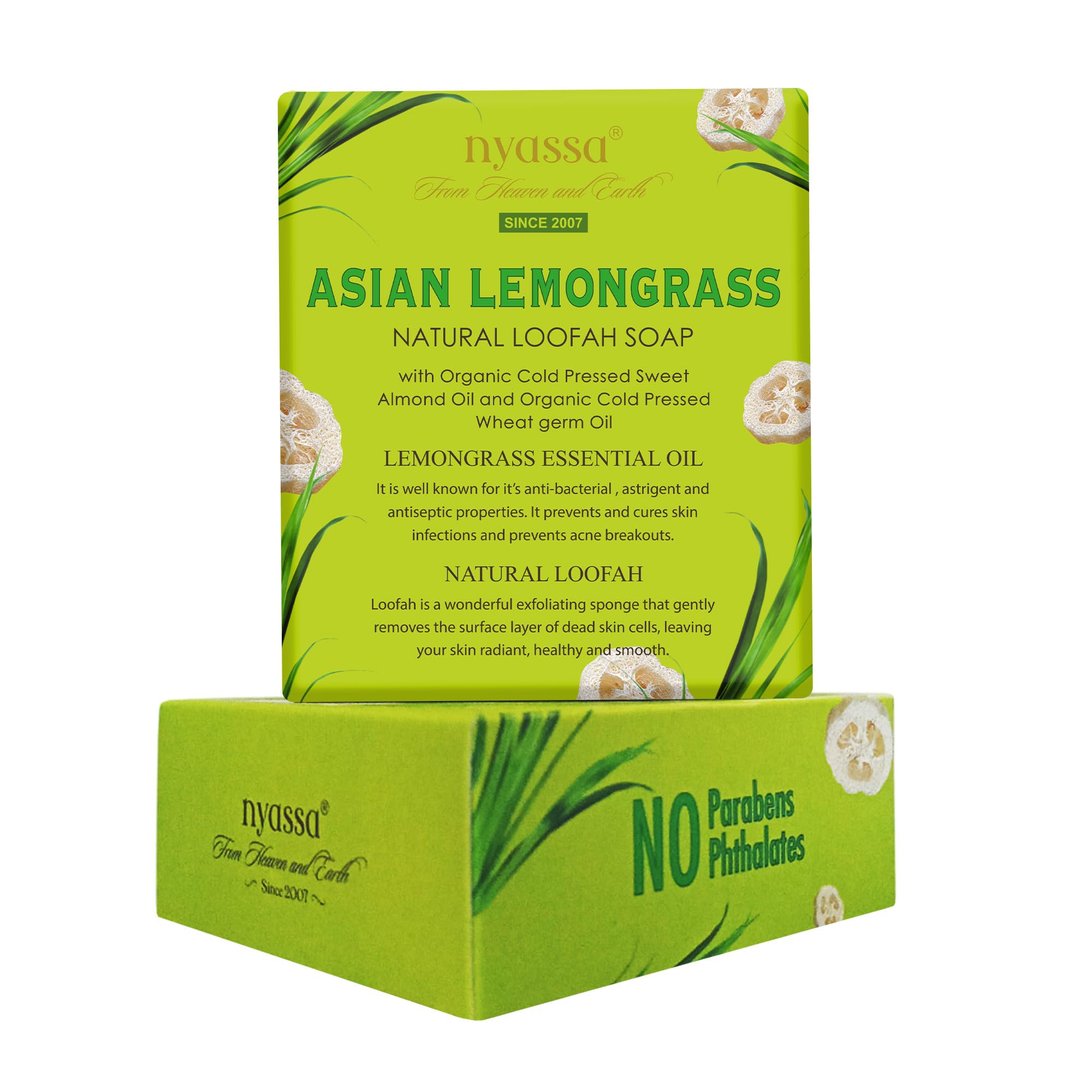 Nyassa Asian Lemongrass Handmade Loofah Soap 150 gm with Fresh Zesty fragrance. Contains natural loofah for exfoliation. No Paraben, Cruelty Free