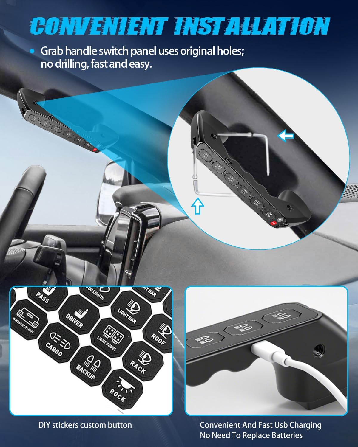 Grab Handle Switch Panel Compatible with Ranger 2019-2025 6 Gang Red Green Armrest Switch with Integrated Control Box Type-C Charging
