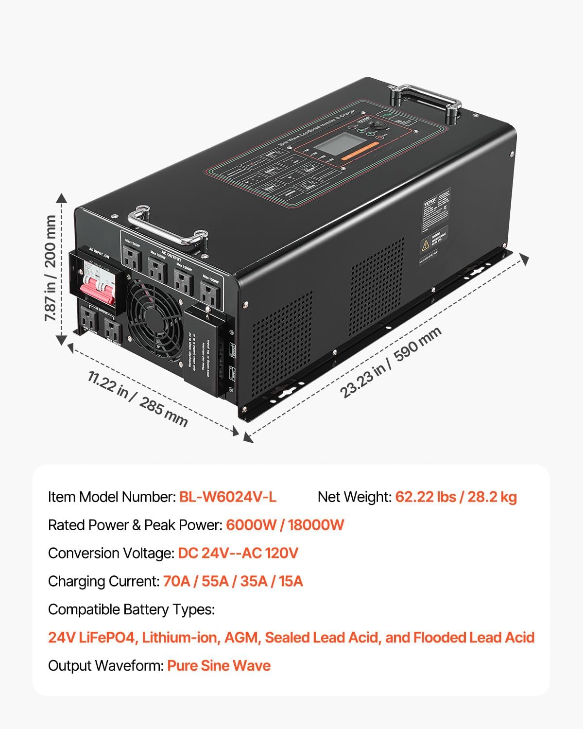 VEVOR Inverter Charger Dimensions and Specifications