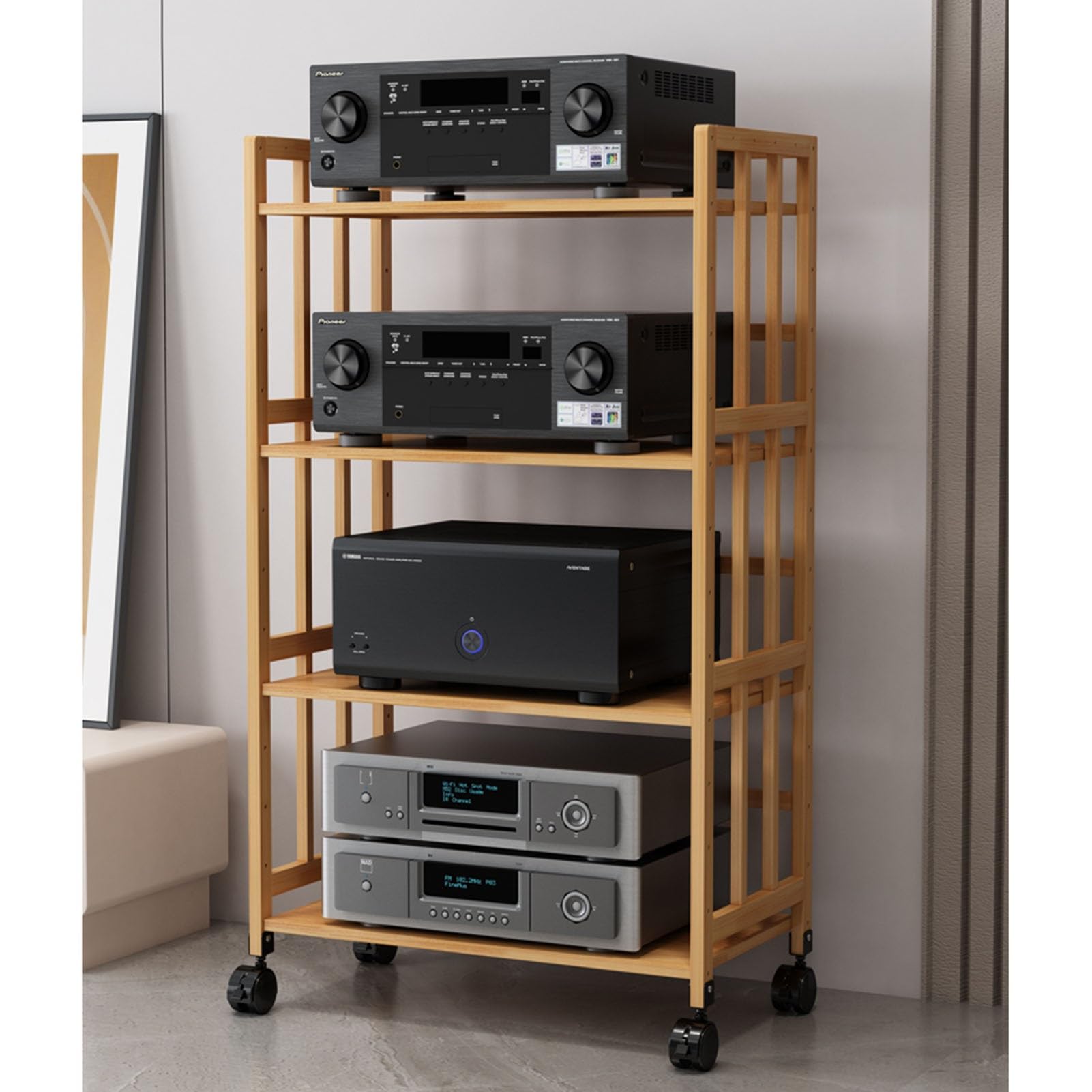 S AV-Media-Ständer mit 4 Ebenen, verstellbar, Bambus-Audio-Regal, mobiler Stereo-Komponenten-Aufbewahrungsschrank für Heimbüro, Theater, CD-Player