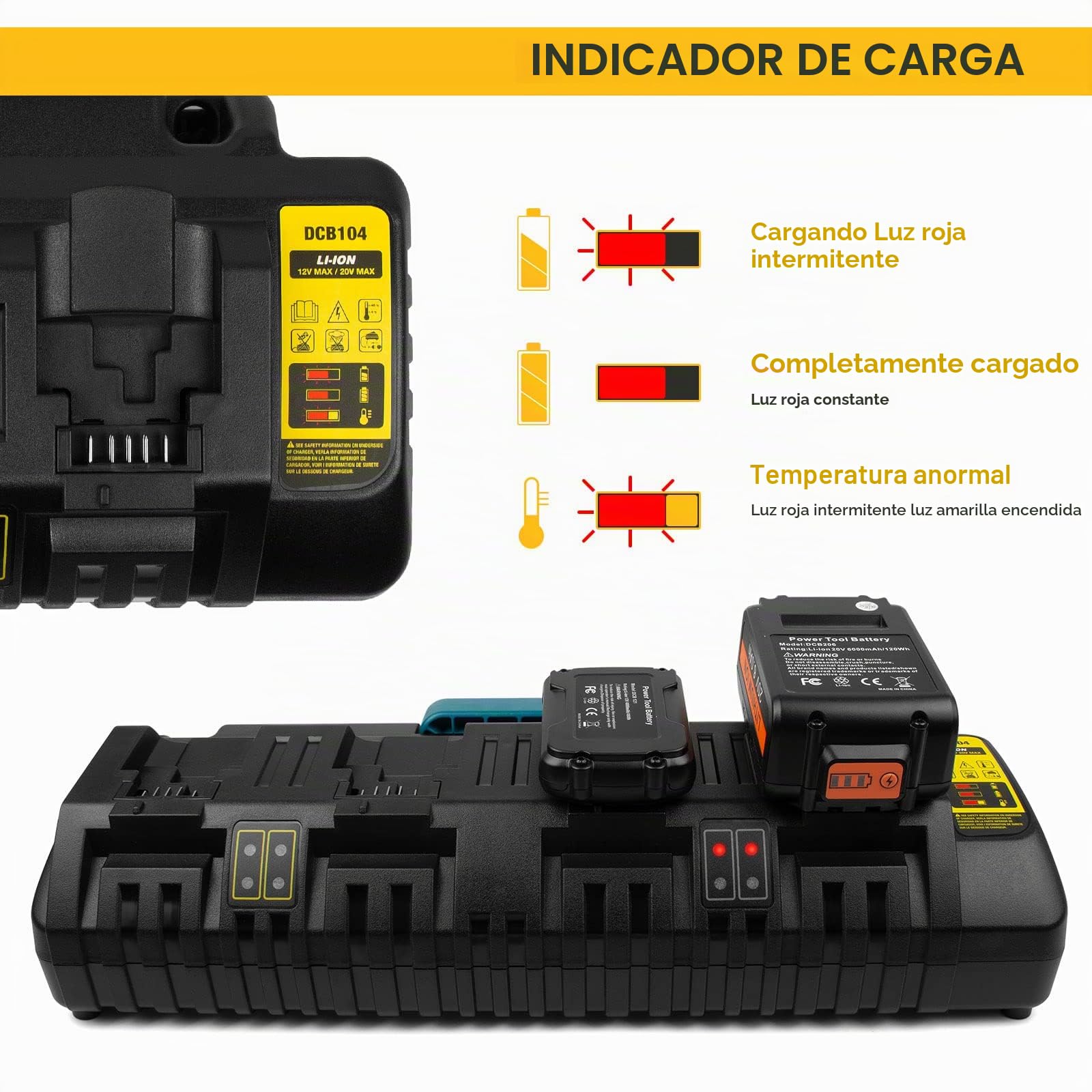 Cargador de batería de 4 Puertos Compatible con Dewalt 18 V XR DCB104, ASUNCELL 3A 12V-20V MAX Li-Ion Cargador rápido Compatible con Dewalt DCB batería (con 2 Puertos USB 2,1A)