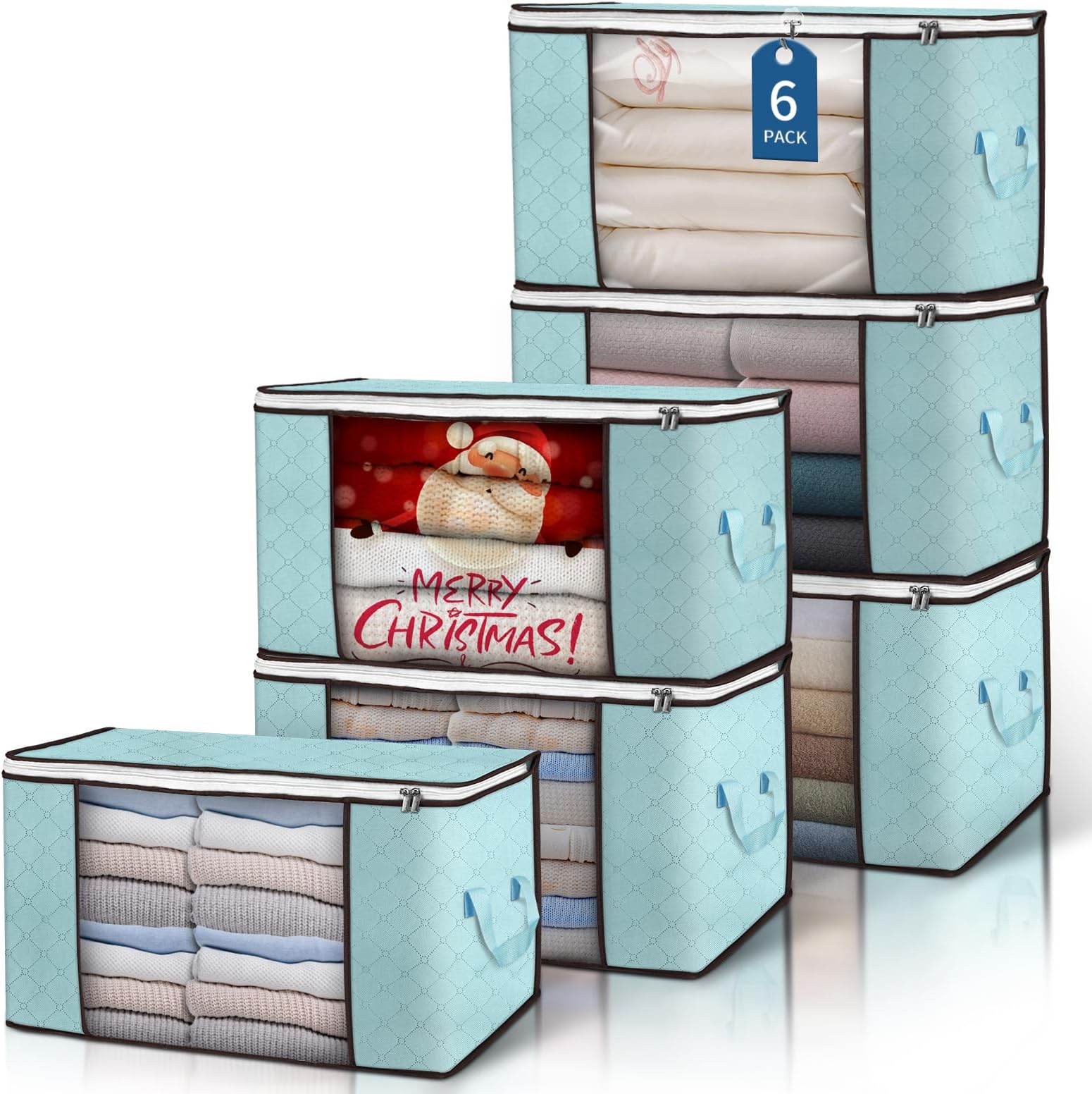 90L Large Storage Bags 6 Pack Clothes Storage Boxes Foldable Closet Organizer Storage Containers with Sturdy Handles Storage Organizer Blanket Comforter Bed Sheets Pillow Toys (Blue)