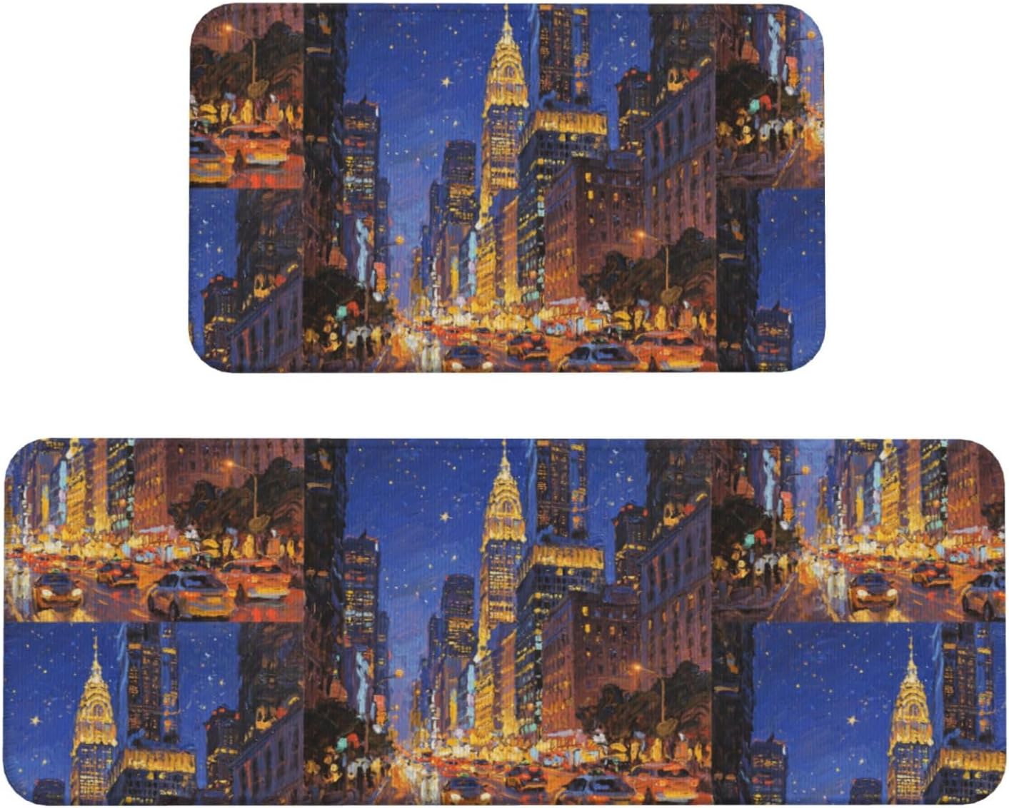 City Night View Kitchen Rugs Set of 2, Cushioned Anti-Fatigue Kitchen Mats for Floor, Waterproof Comfort Standing Mat Absorbent Velvet Kitchen Runner Rugs 17"x30"+17"x47"