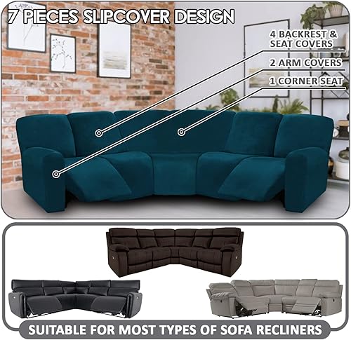 Miniatura 2 de ULTICOR Funda de terciopelo para sofá reclinable seccional de 7 piezas (verde azulado oscuro, 5 asientos en forma de L, resistente, suave, lavable)
