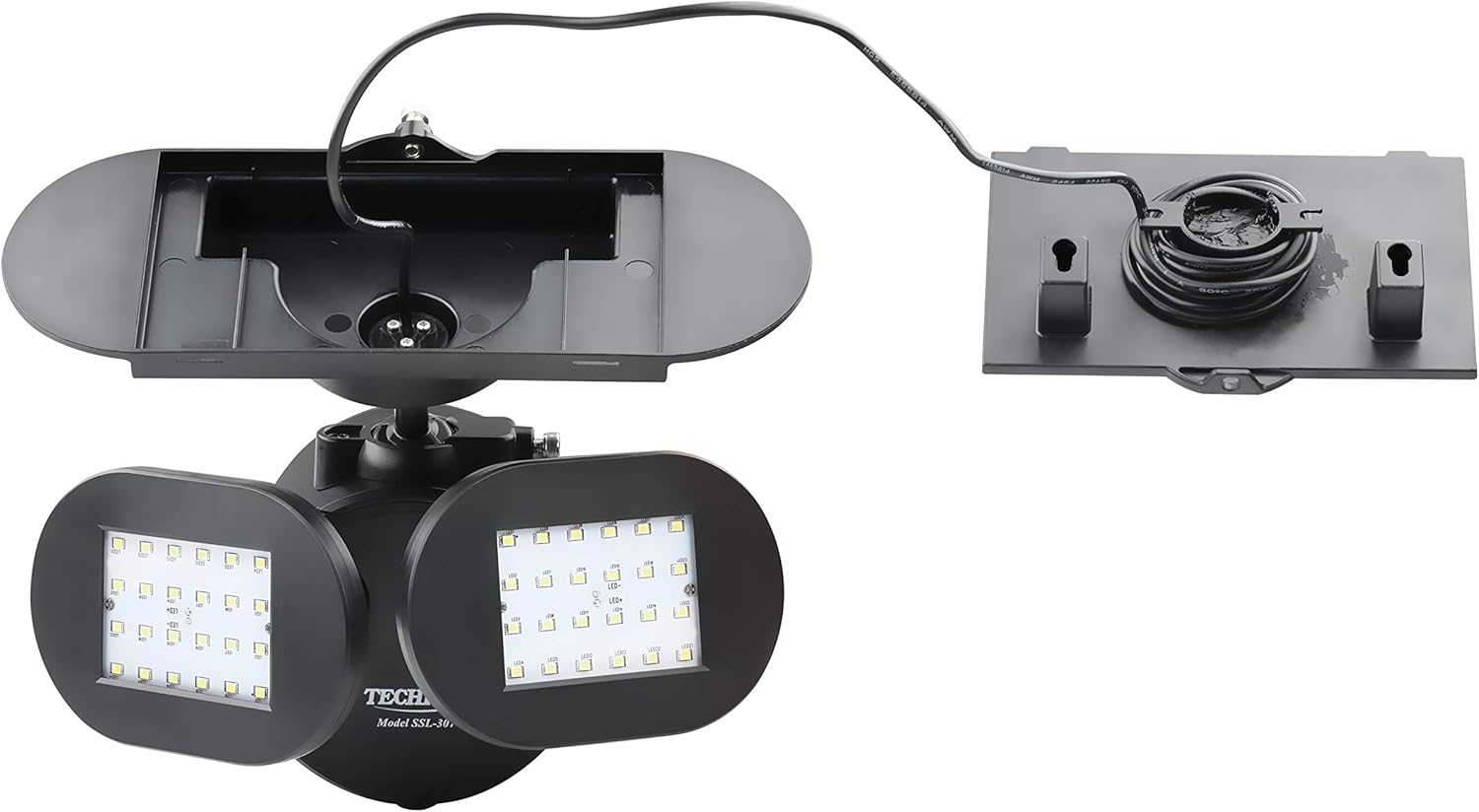 Techko SSL-307 Solar Security Light Motion Sensor LED Flood Light Waterproof IP65 Detachable Solar Panel Auto Dusk to Dawn Outdoor Security Lighting for Home & Garden Black Twin Spotlight, 1 Unit