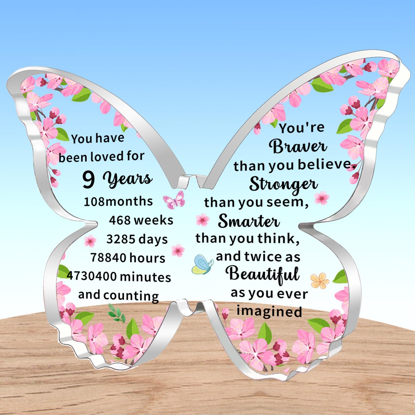 AMZQ Inspirational 9th Birthday Gifts for Girls Transparent Butterfly Shape Acrylic Birthday Present Ideas for 9 Year Old Girl
