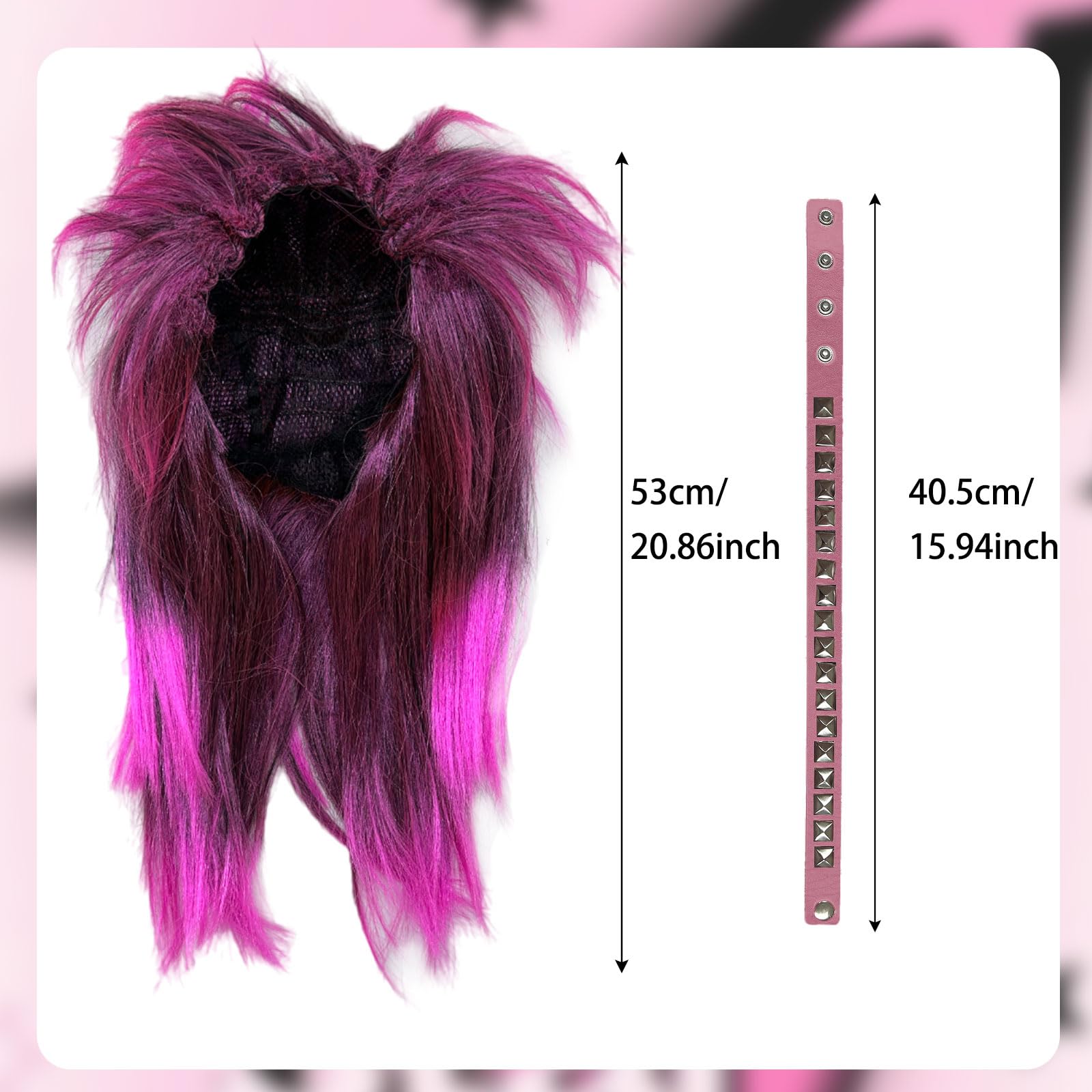 SAIIURV Hot Pink Punk Wig Set for Adult Long Straight 70s 80s Mullet Rocker Wig With Pink Choker for Men Women Rock Star Hippie Costume Accessories for Fancy Dress Party Festival (Pink) - Image 2
