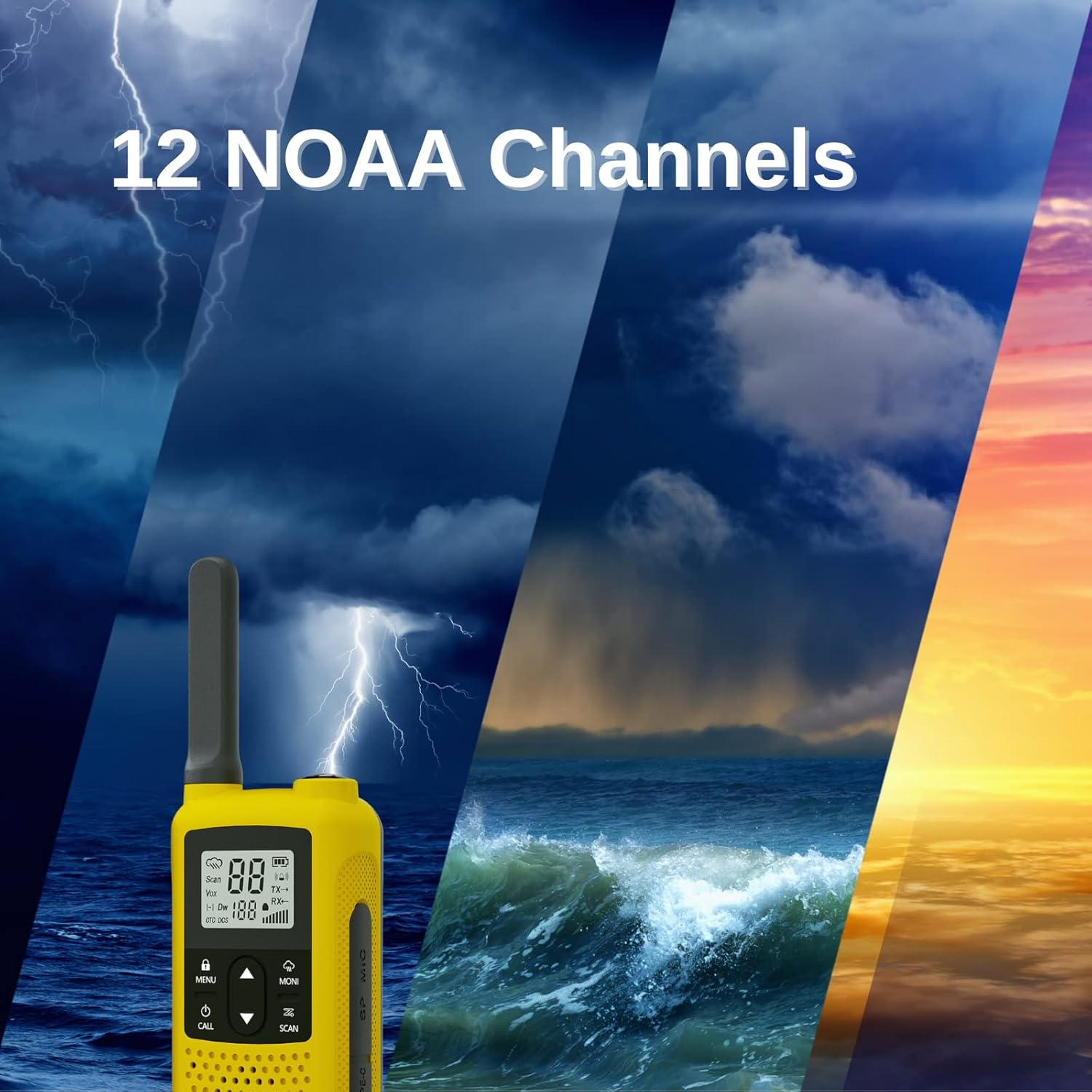 Image depicting a yellow BAOFENG BF-33C walkie talkie against a background of various weather conditions, illustrating its 12 NOAA Channels feature.