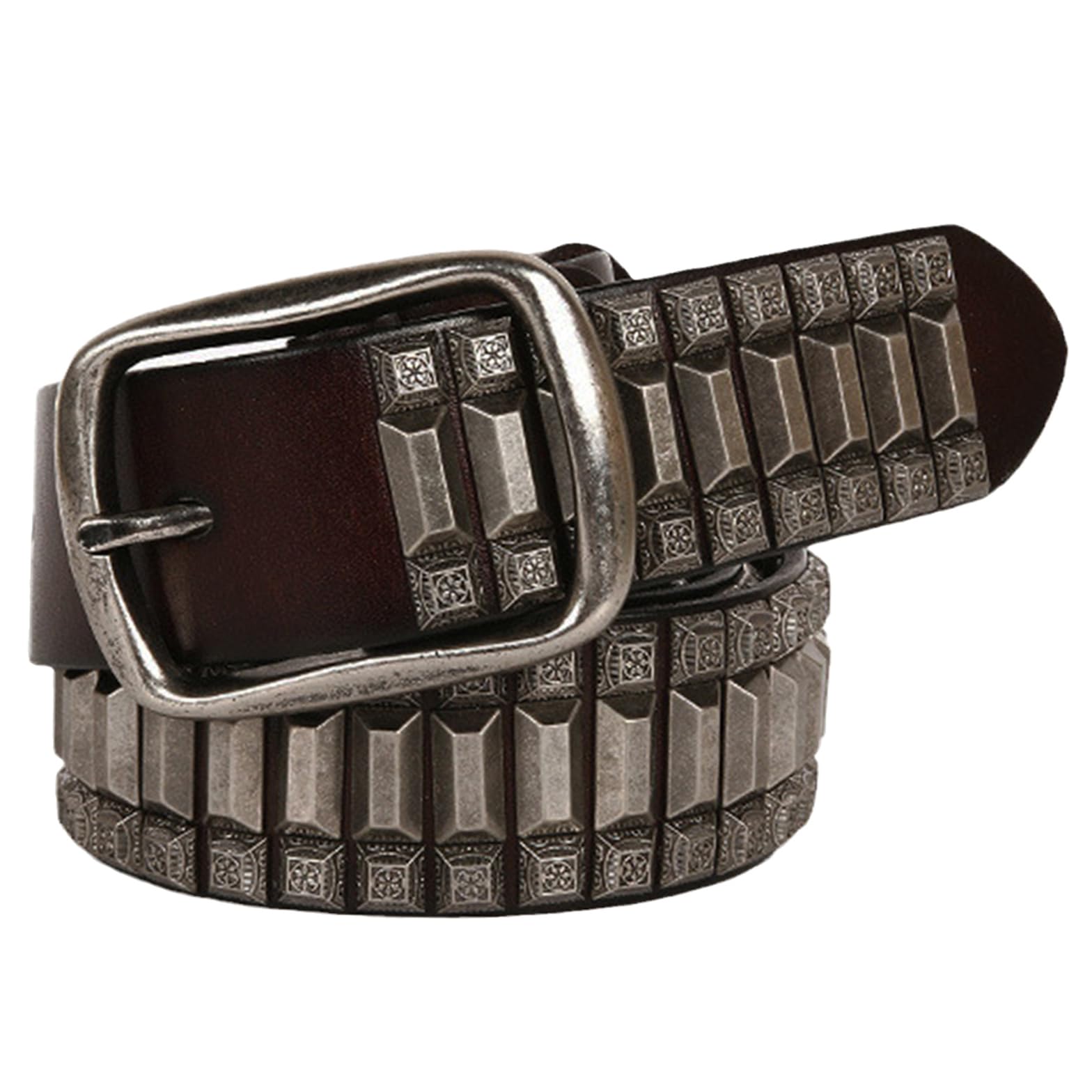 Ceintures en Cuir à Rivets Motif Clouté, Boucle à Griffes Réglable Style Western Ceinture De Loisirs(115cm/waist:39", Coffee)