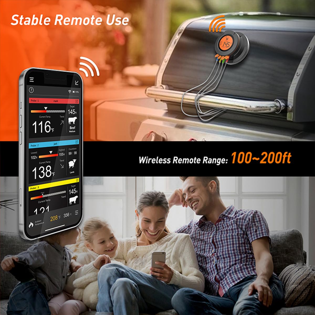 Digital Smoker Thermometer with 4 Probes Wireless Smart Digital Grill Gauge Thermometer Hub for Weber Kamado Replacement Accessories for Outside Grill-Big Green Egg Thermometer