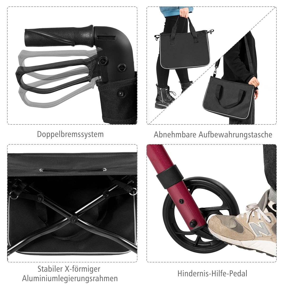 COSTWAY aluminiowy rollator, składany rollator podróżny, lekki rollator o regulowanej wysokości, z odpinanym workiem do przechowywania, malowane ogniowo, dla seniorów i dorosłych (czerwony)
