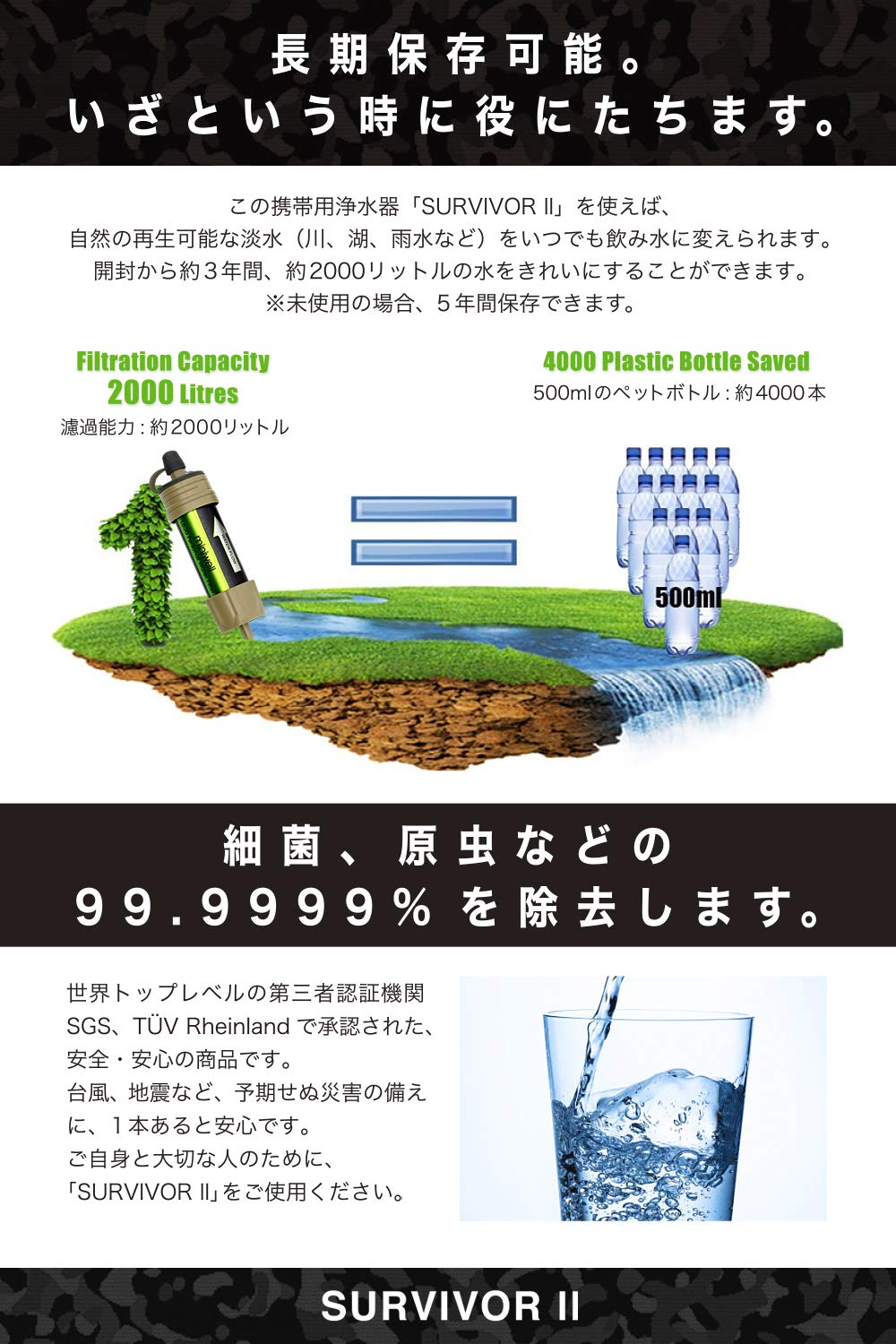 Amazon | 99.9999%の異物 バクテリアを除去 携帯用浄水器 ペットボトル  