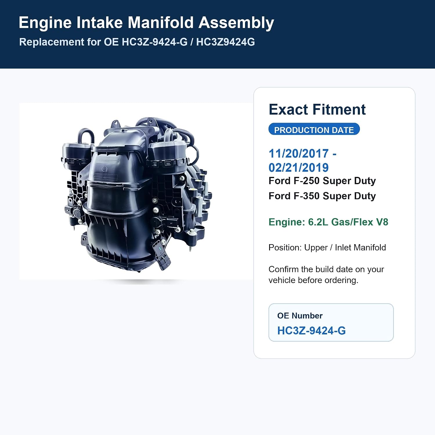 6.2L Intake Manifold for Ford F-250 F-350 Super Duty 2017-2019 Replace HC3Z-9424-G HC3Z-9424-E IMRC V8 Gas/Flex Fuel (Ony For Models w/o CNG/LPG Prep Pkg)