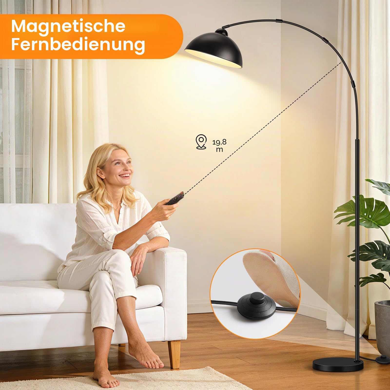 OUTON Bogenlampe mit Metallschirm, Dimmbare LED Stehlampe mit Fernbedienung und Fußschalter, 4 Farbtemperaturen, 12W Industrial Vintage Standleuchte für Wohnzimmer, Schlafzimmer, Büro, Schwarz