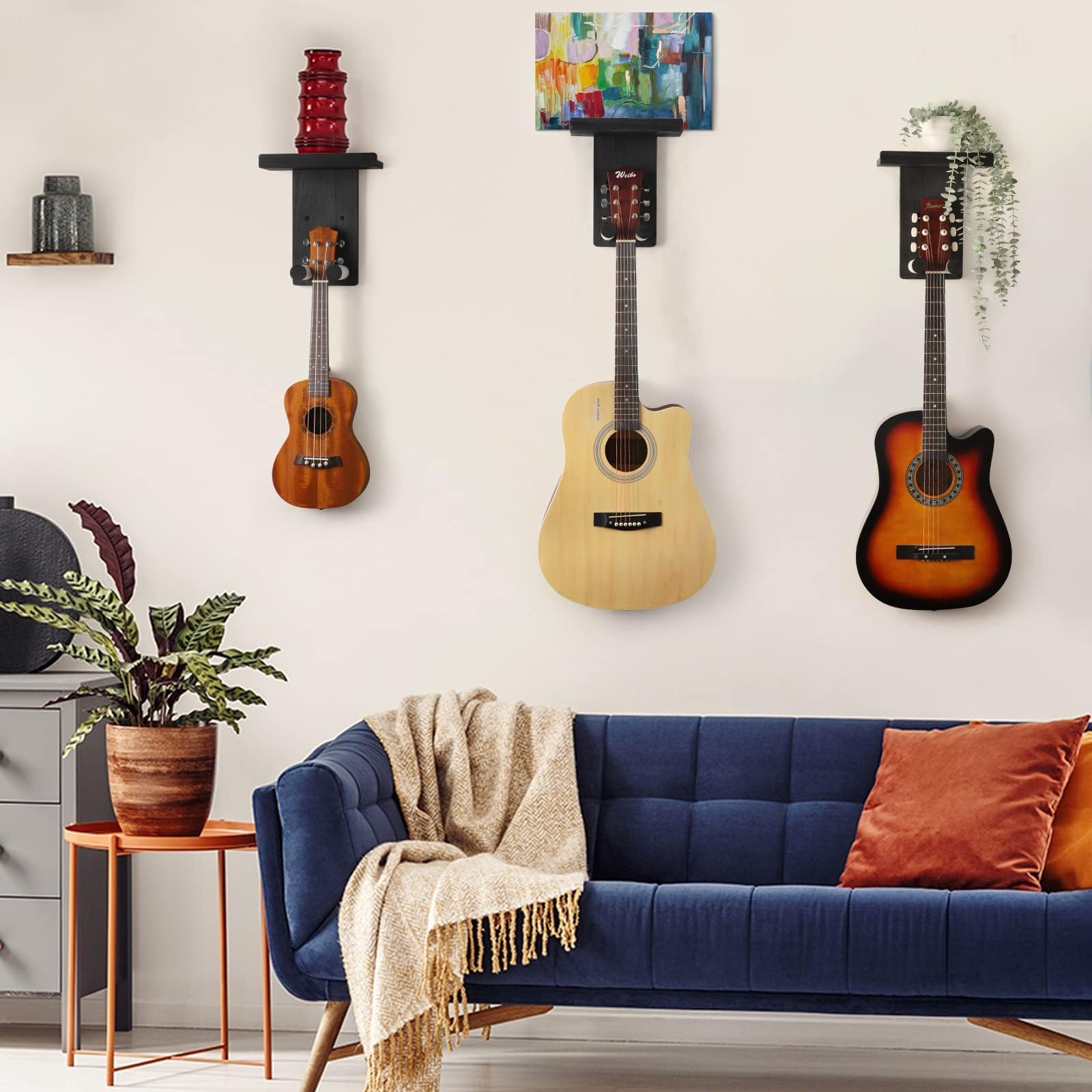 Support Guitare Mural, Porte Guitare Mural Lot de 3, Accroche Guitare Mu-ral pour Guitare Acoustique Adulte, Guitar Electrique, Ukulélé, Basse - Noir