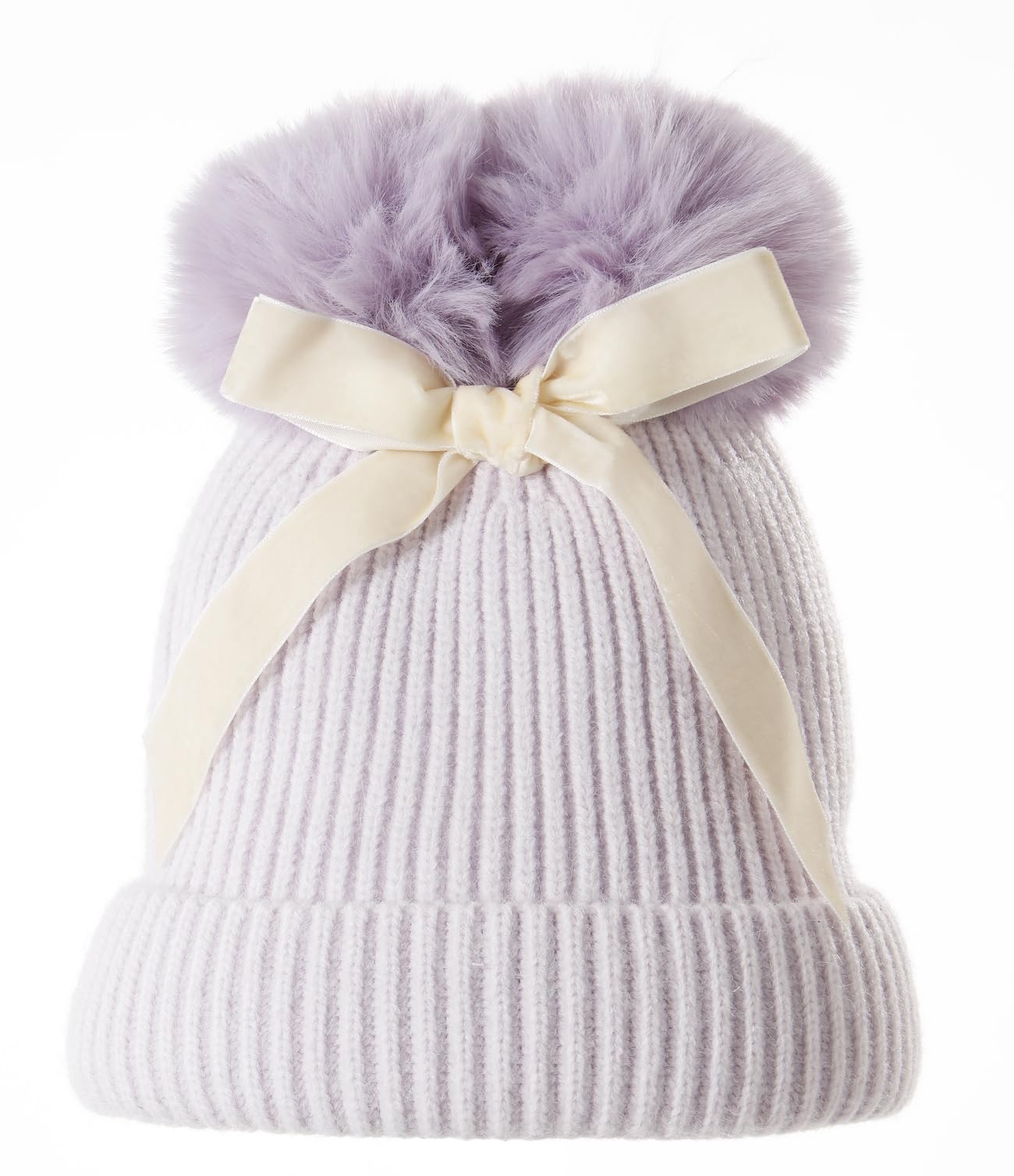 Screamer Kids Emma Beanie with Double Faux Fur Poms and Velvet Bow - Purple