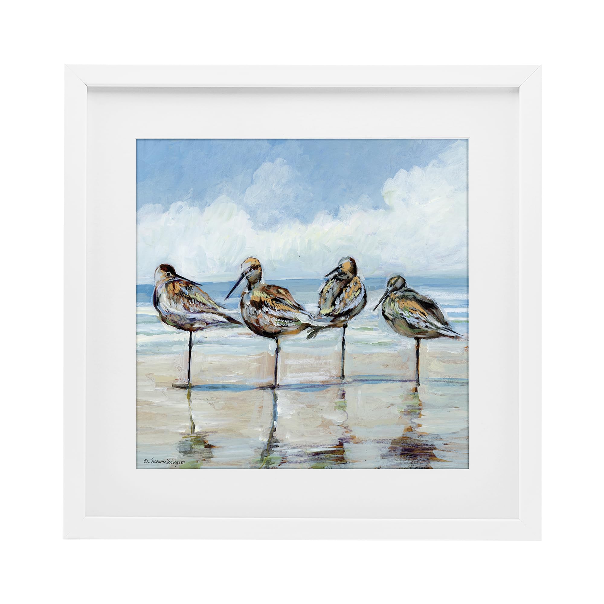 Stupell Industries Coastal White (Textured) 'Sandpipers Balancing On Beach'| Framed Print Under Glass