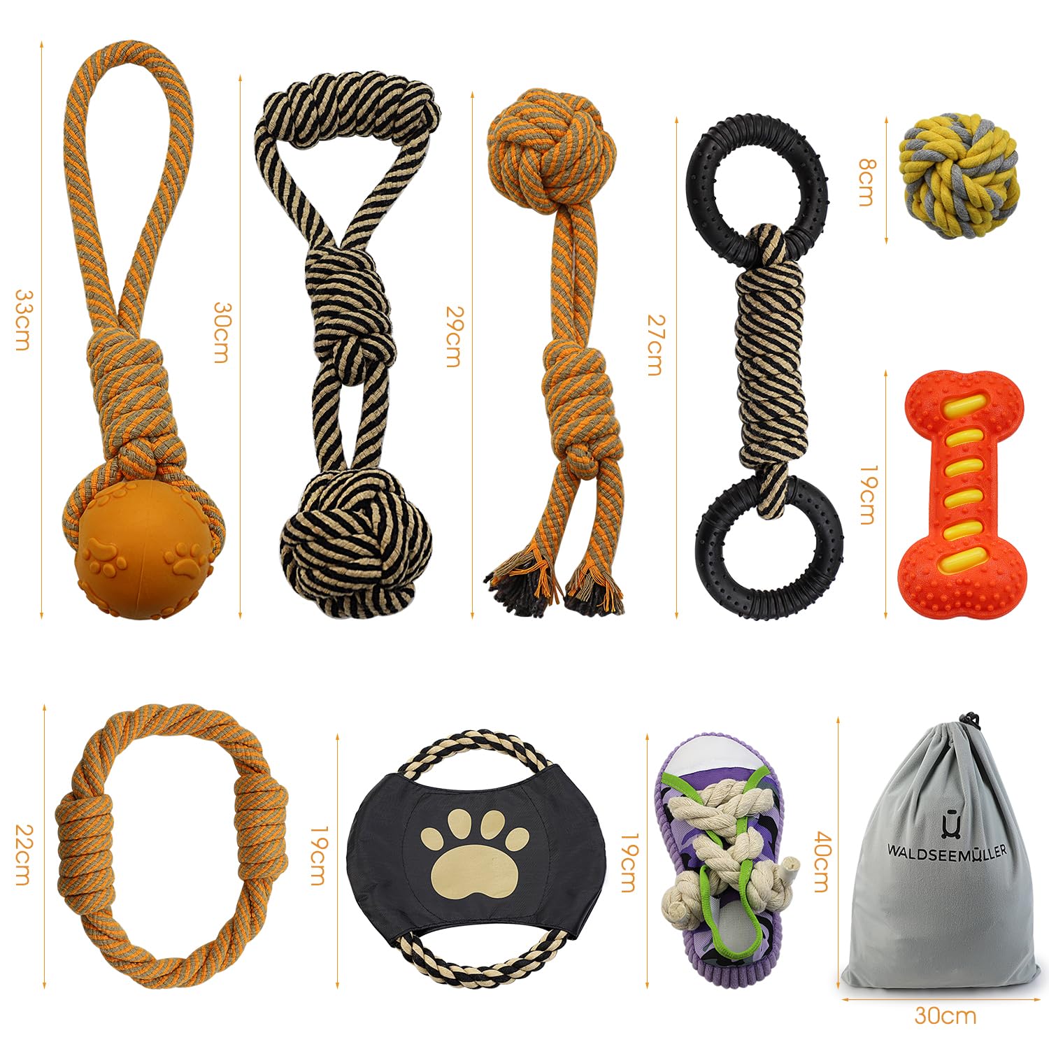 Waldseemüller Hundespielzeug – 9er-Pack Hundespielzeug für kleine und mittlere Hunde, Seil-Kauspielzeug-Set gegen Langeweile, interaktiver Ball für Welpen mit Aufbewahrungstasche