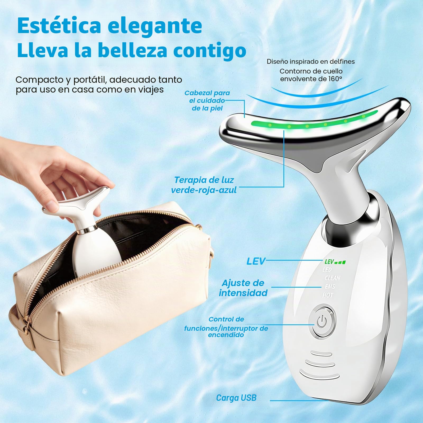 Masajeador Facial Eléctrico con Radiofrecuencia y 7 Luces LED, Calentable 45°C para Papada y Cuello, Guasha Antiarrugas Reafirmante