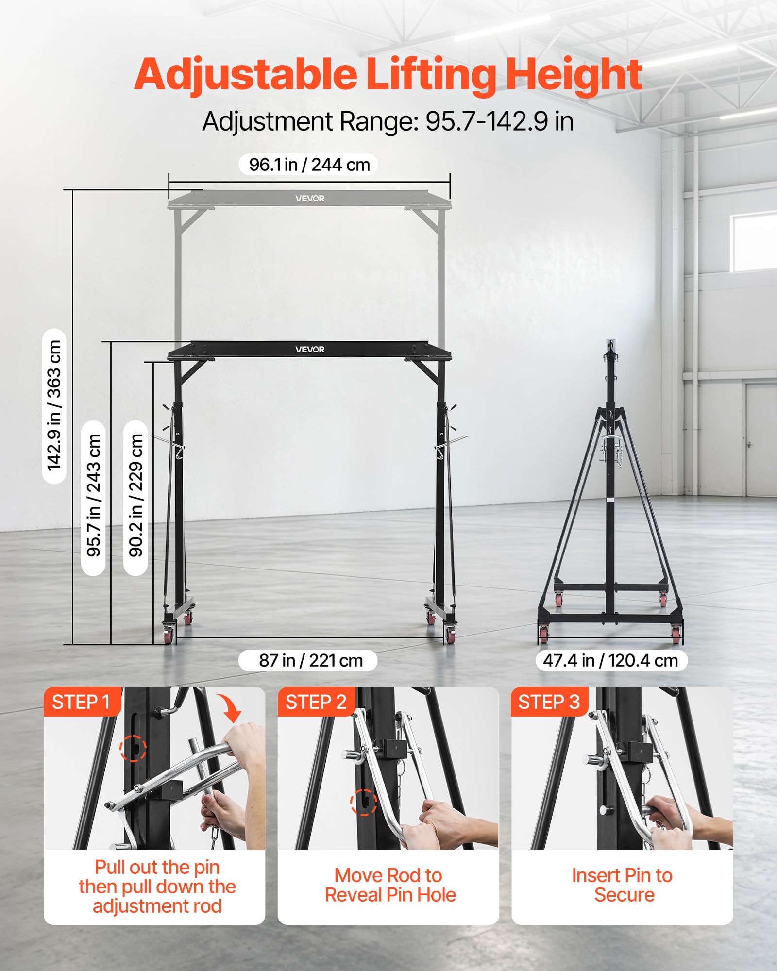 VEVOR Mobiler Portalkran mit 997,9kg Tragkraft, 243-363cm Höhenverstellbarer Ladekran aus Stahl, Robuster Werkstattkran Inkl. 360° Lenkrollen mit Bremsen, Lastkran für Lager Werkstatt Baustelle Fabrik
