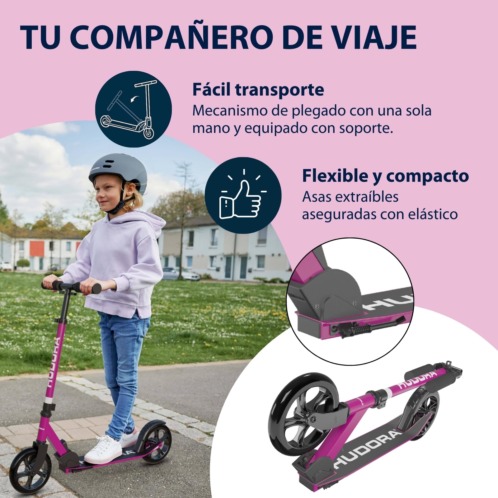HUDORA Scooter Start 200 | Scooter de Aluminio Resistente | Patinete Urbano Ajustable y Plegable | Patinete para niños y Adultos de hasta 100 kg | Patinete sólido con Soporte | Morado