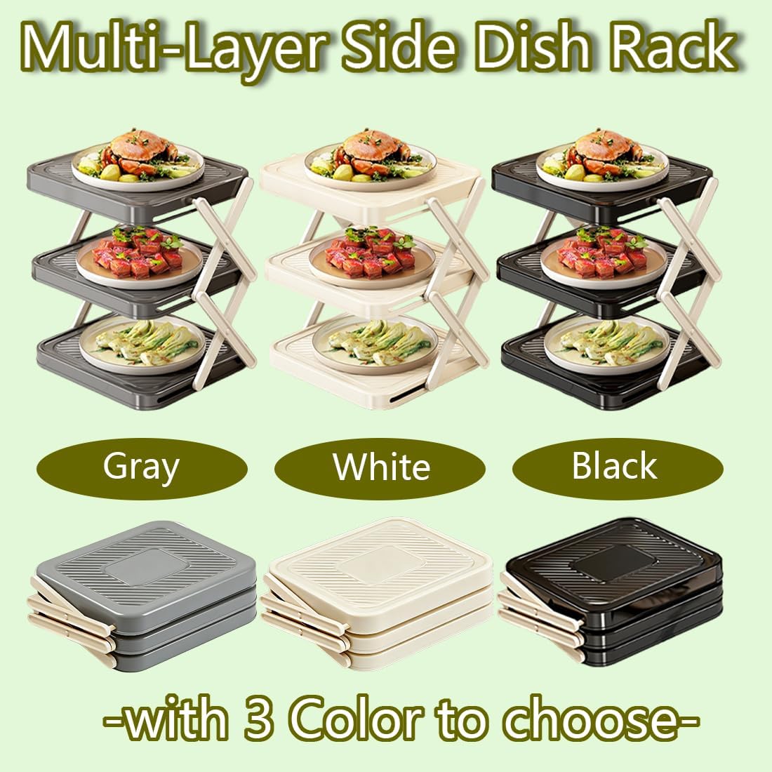 Multi-Layer Side Dish Rack, 3-Tier Foldable Kitchen Prep Rack for Countertop Storage & Hot Pot - with 9.5cm High Layers, Space-Saving Design, Multi-Layer Racks for Kitchen & Hot Pot (2PCS-C)