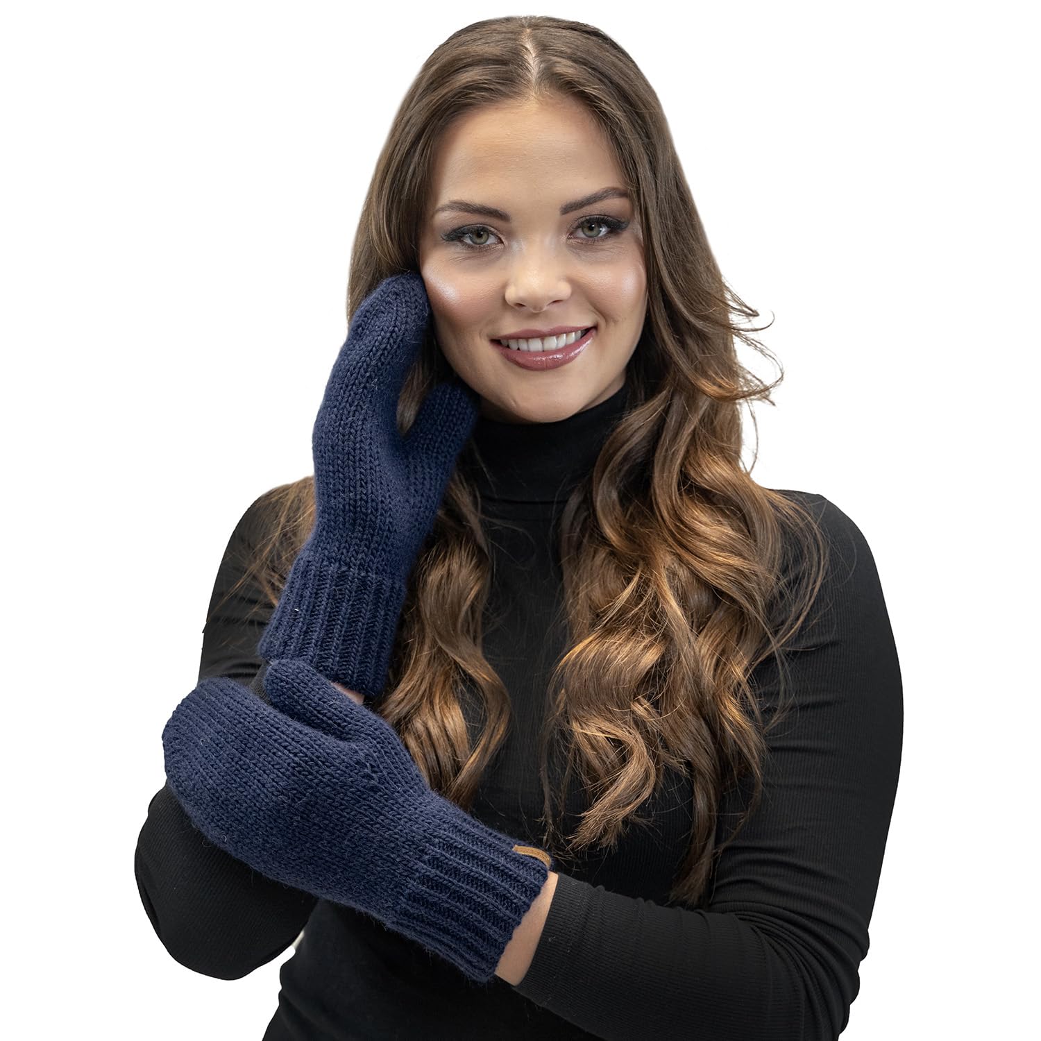 Vivisence Stylish Women's Mittens Made Of Warm And Soft Yarn With Elegant Ribbed Cuff Design Ideal For Stylish Outfits Perfect Gloves For Cold Winter And Autumn Weather, Navy Blue,UNI