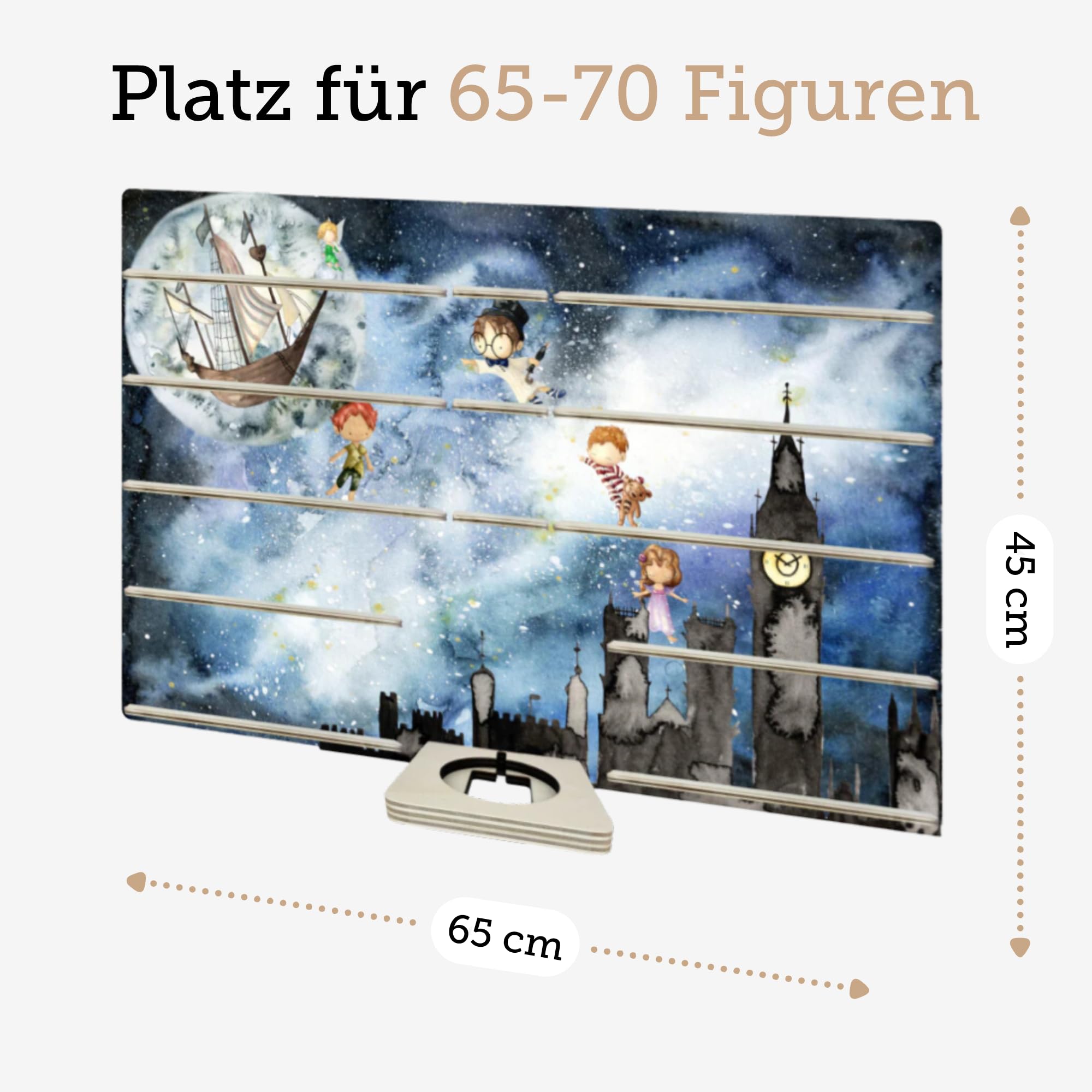 Farbklecks-Collection Musikboxregal Abenteuerfreunde, Wandregal für mehr als 60 Hörfiguren, Maße 65 x 45 x 6 cm, mit speziellem Ablagefach kompatibel mit Toniebox, handgefertigt in Deutschland