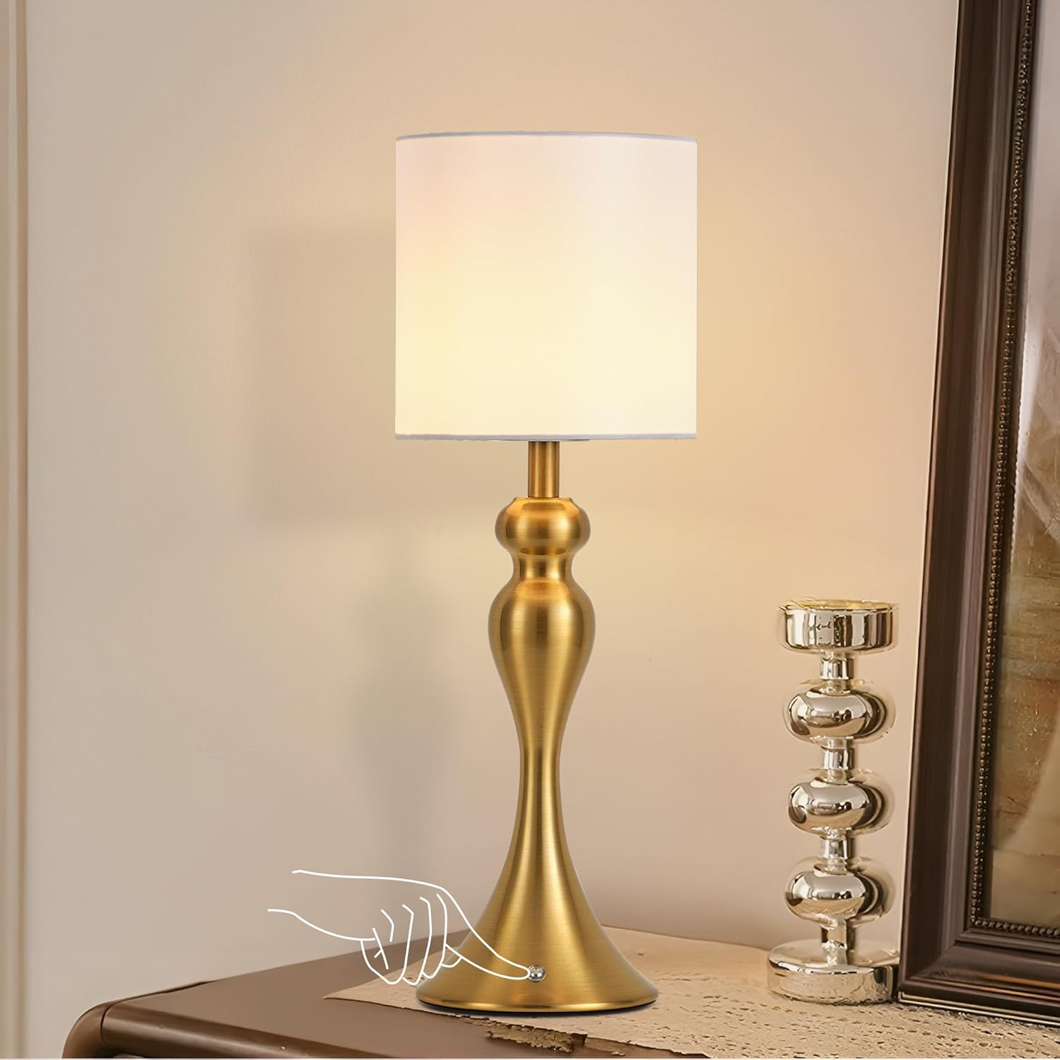 Table Lamp for Bedroom, Cordless Bedside Lamps for Living Room, Touch 3-Way Dimmable Desk Lamp for Night Stands, Rechargeable, Battery Operated Lamp with Fabric Shade for Dorm, Home Office (Brass)