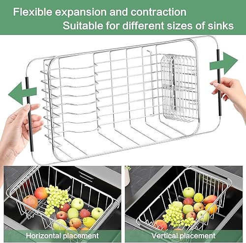 Miniatura 6 de Escurridor de platos pequeño ajustable en el fregadero, organizador expandible de acero inoxidable 304 con soporte para utensilios de acero