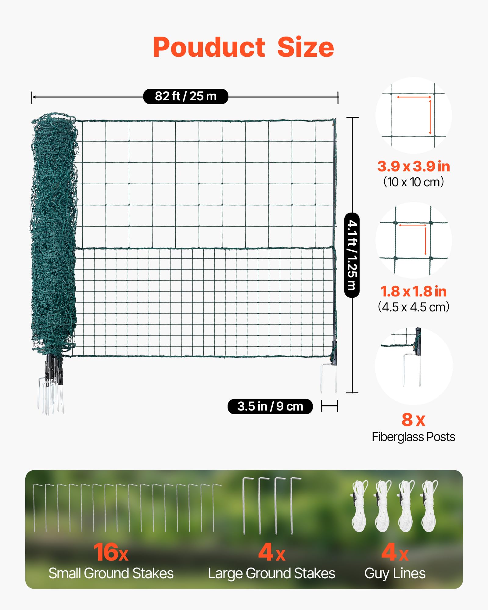 VEVOR Rete per Recinzione in Plastica, Recinzione Temporanea con Pali 1,25 x 25 m, Rete di Sicurezza Flessibile con Picchetti a Doppia Punta e Tiranti, Barriera Rimovibile per Cani, Polli e Piante