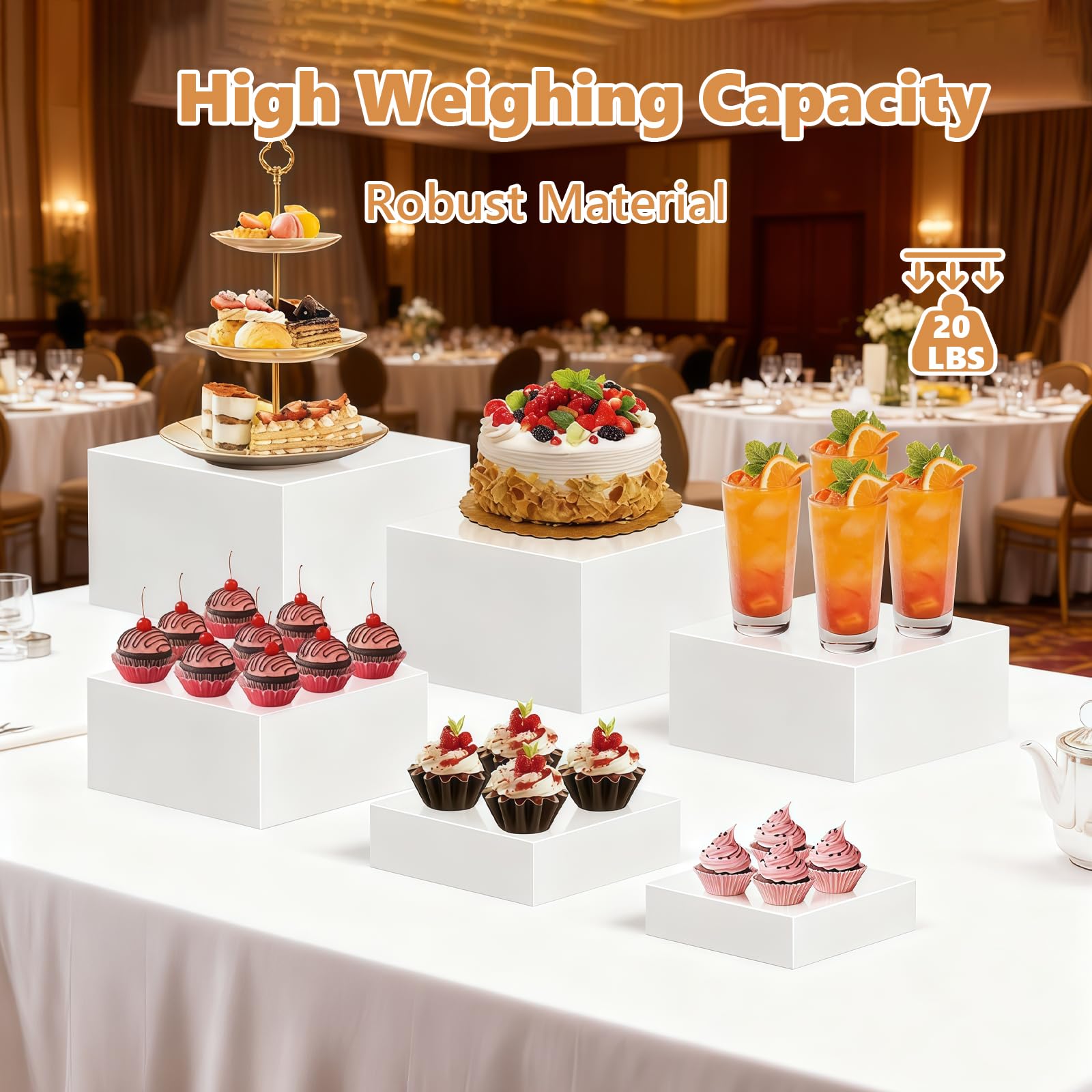 Espositore da Buffet per Aperitivo, Set di 6 Alzate Supporti in Plastica 7,5 a 20 cm Torte Matrimoni Dessert Oggetti da Collezione Gioielli Tavolo, Supporto Cubico Annidabile Varie Dimensioni
