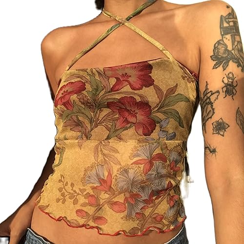 Harajuku - Camiseta sin mangas con estampado Y2K, diseño floral de mariposa, sin mangas, estilo kawaii, casual, básica, ropa de calle