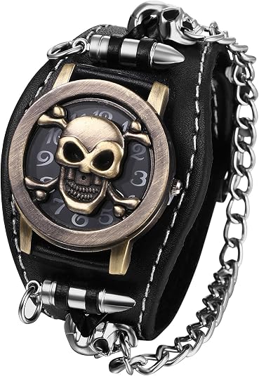 JewelryWe Wide Leather Cuff Watch: Men Women Rock Collection Punk Skull Wristwatch Cuff Band