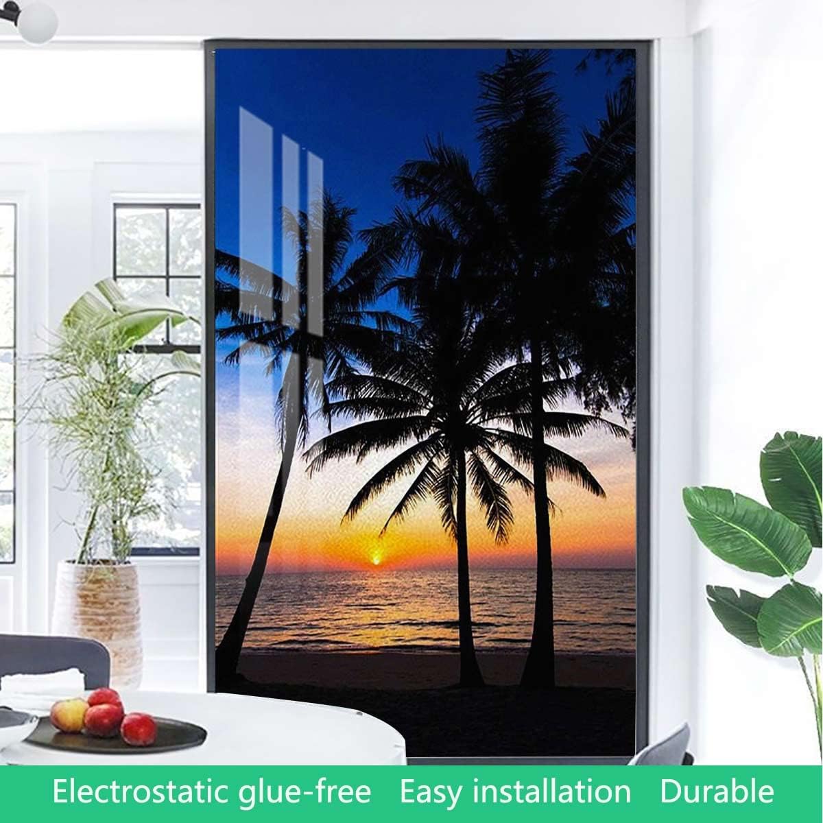 White Teal Window Film Window Privacy Film Hawaiian Sunset on Beach Palm Trees Window Film for Privacy and Light Protection Exotic 35.4Wx59L-inch
