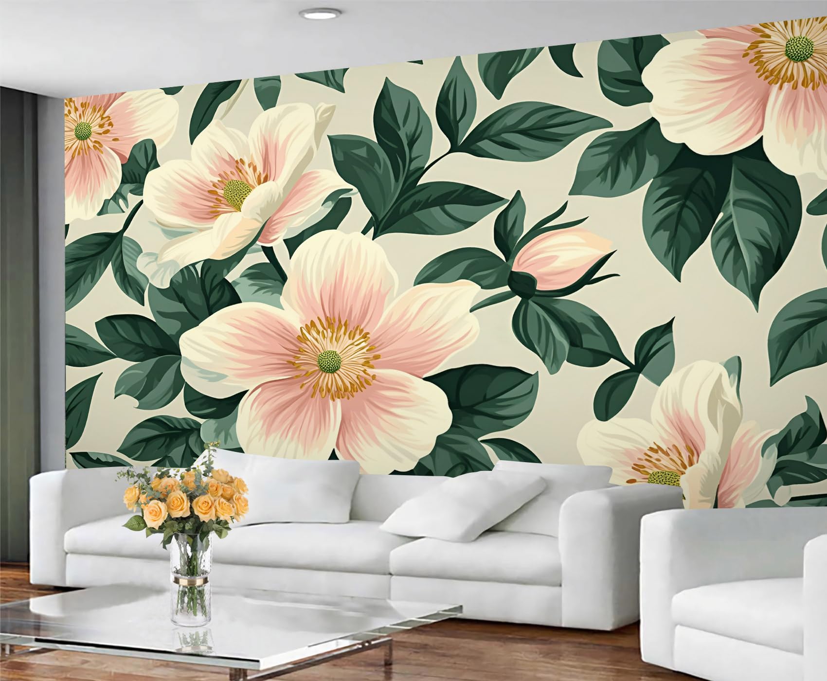 GIVLWF Pink Floral Wallpaper & Wall Decor, Vintage Florals Bedroom Wallpaper, Womans Wall Paper for Living Room, Large Mural - Non Self Adhesive