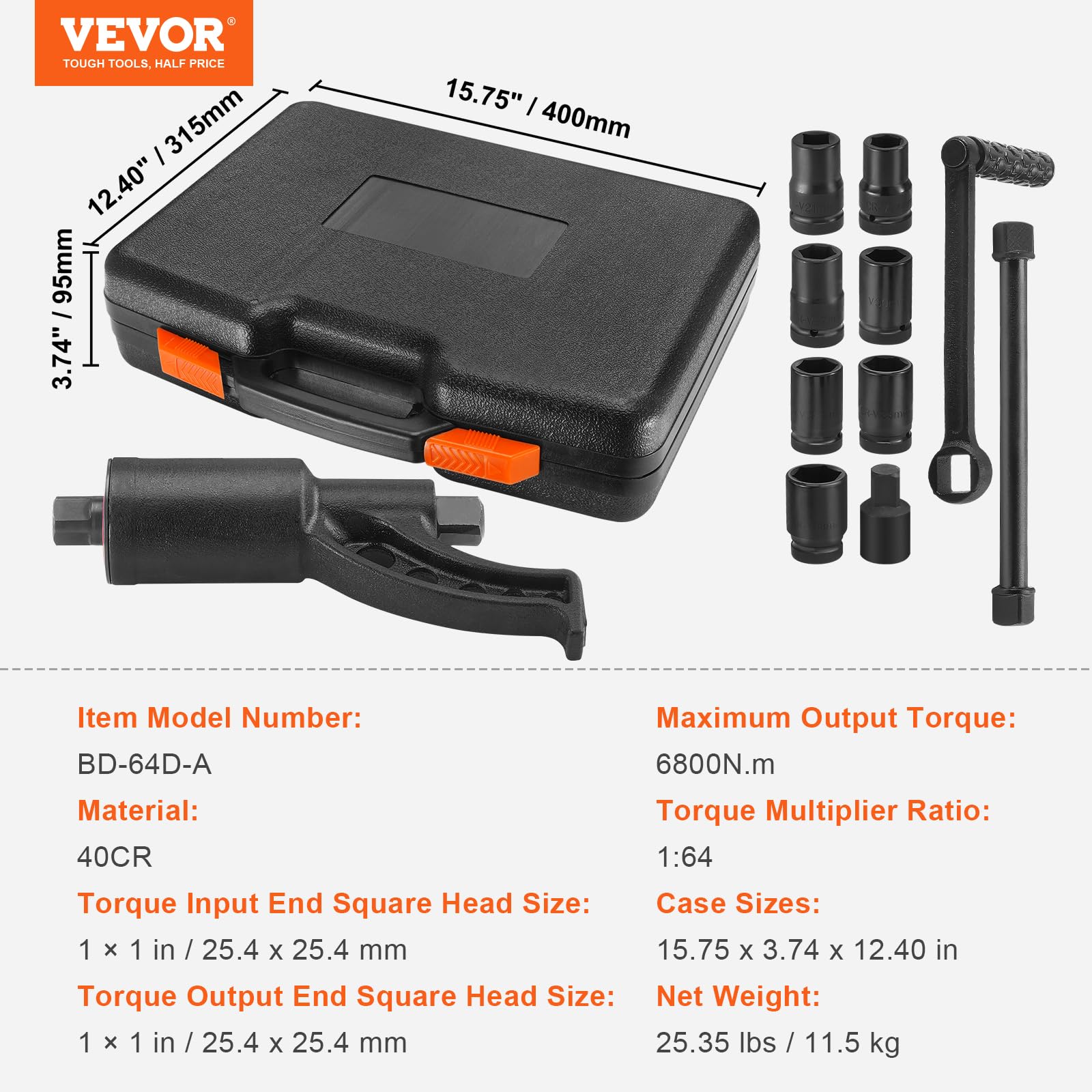 VEVOR Set di Chiave Dinamometrica 25,4 mm Rapporto 1:64 Moltiplicatore di Forza con 8 Bussole, Set Moltiplicatore di Forza Svita Bulloni per la Rimozione dei Dadi per Riparazione Auto Officina Garage