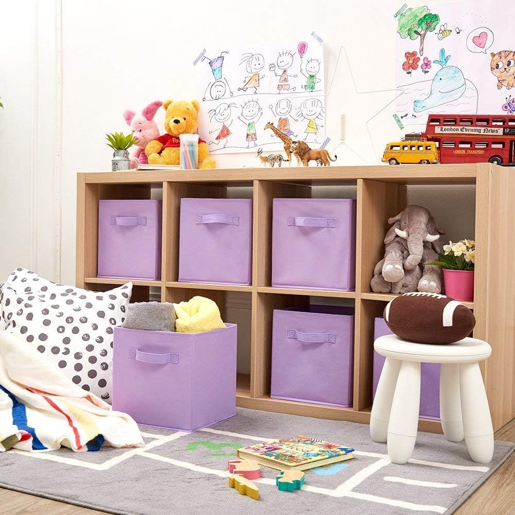 EZOWare Set of 4 Foldable Fabric Basket Bins, Storage Organizer Cube 10.5 x 10.5 x 11 inch for Nursery, Playroom, Kids, Living Room - Purple