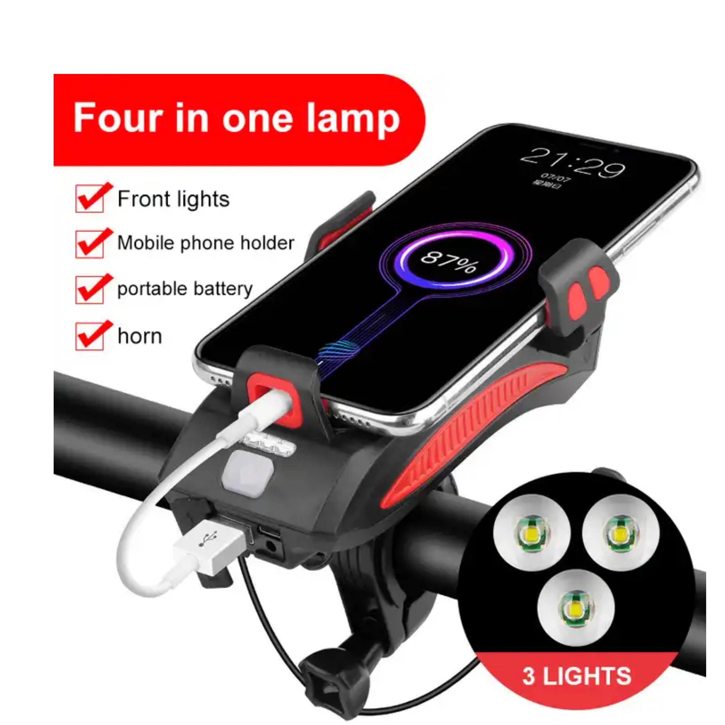 Porte-téléphone Vélo Avec éclairage LED 3 Positions + Batterie Externe + Klaxon - Fixation Sécurisée - Pour Guidon - Charge De Téléphone En Roulant